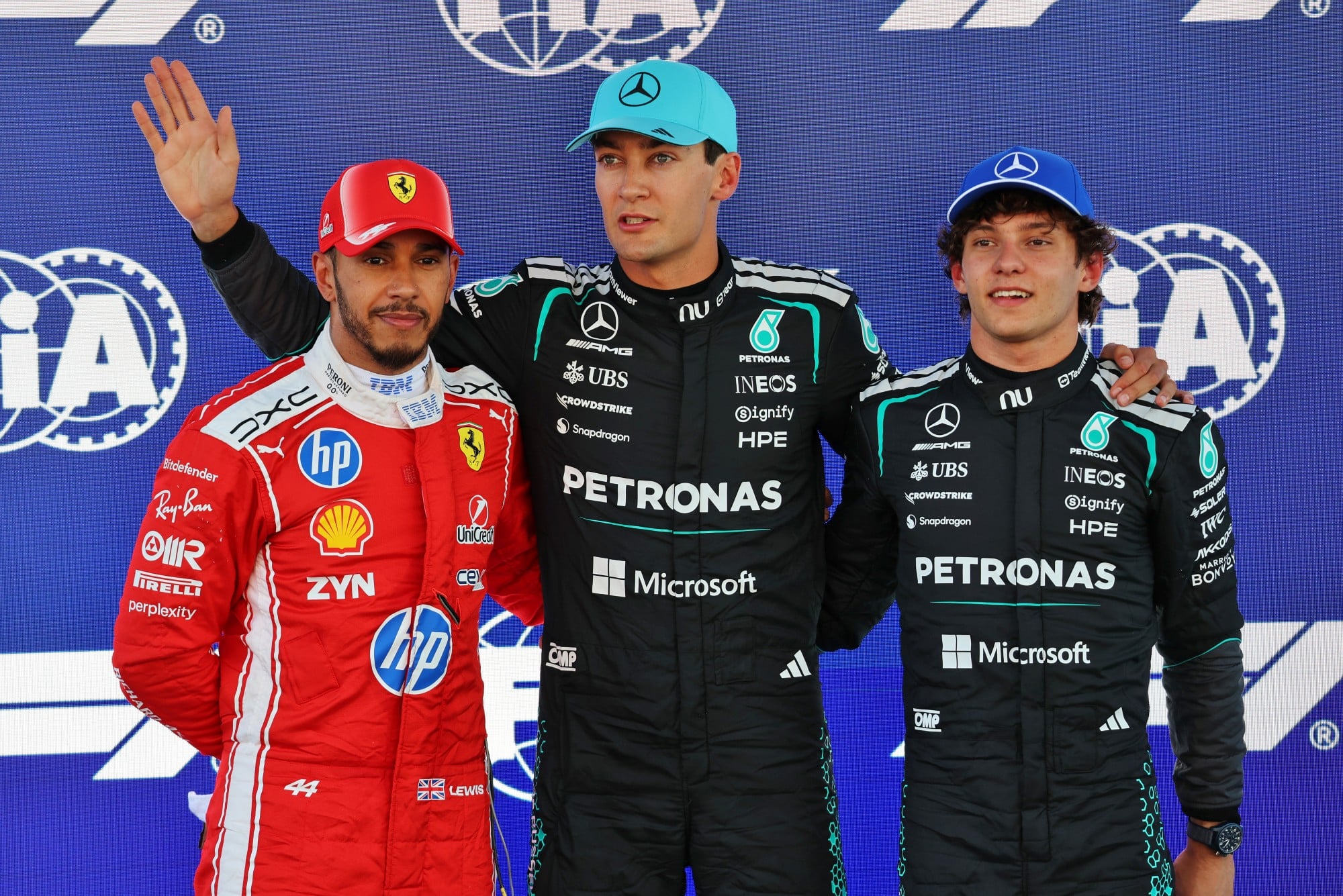 Qualifying top three in parc ferme (L to R): Lewis Hamilton (GBR) Scuderia Ferrari, second; George Russell (GBR) Mercedes AMG Formula One Team, pole position; Andrea Kimi Antonelli (ITA) Mercedes AMG Formula One Team, third.
