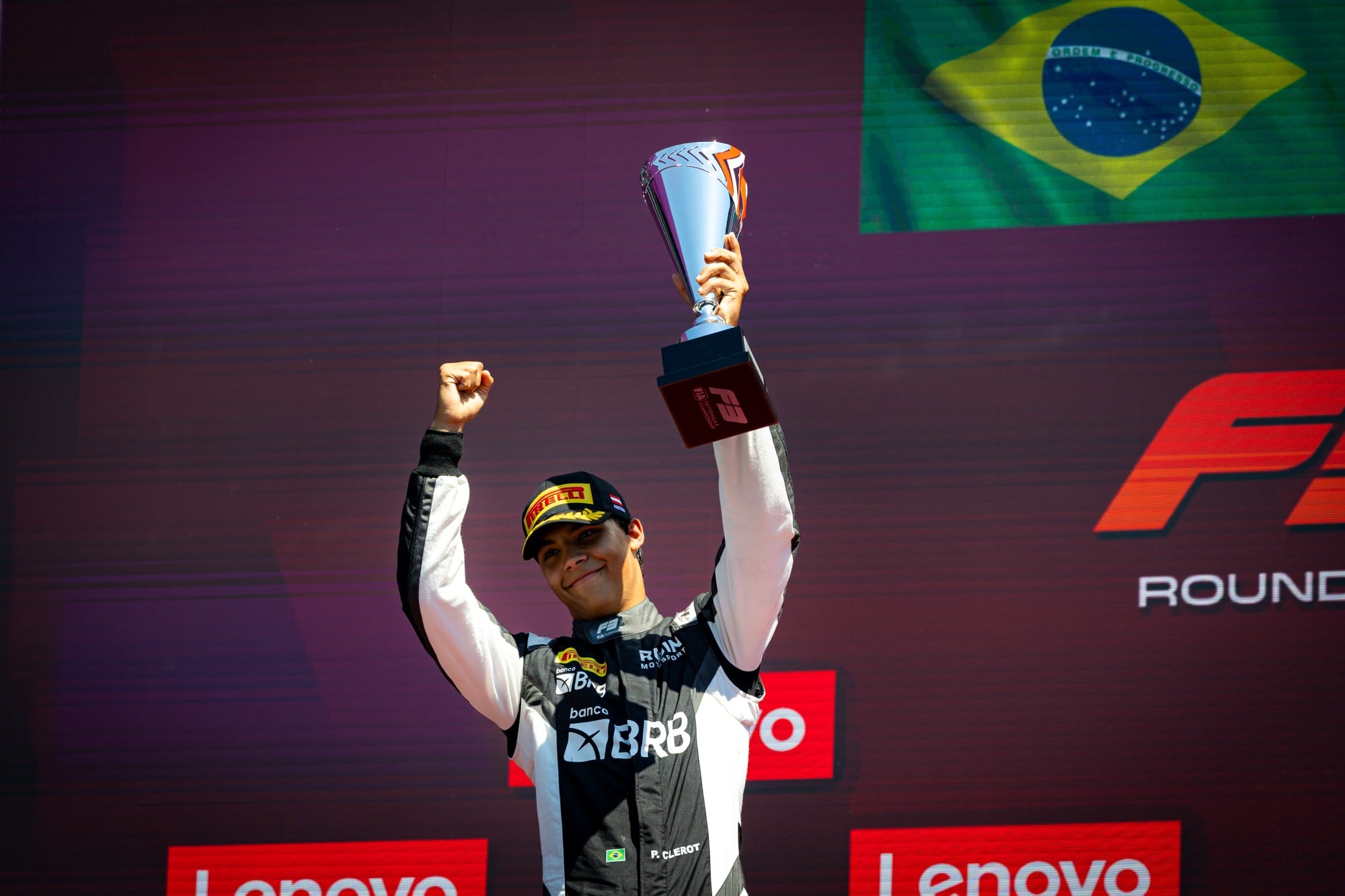 Pedro Clerot (BRA) Rodin Motorsport celebrates his second position on the podium.