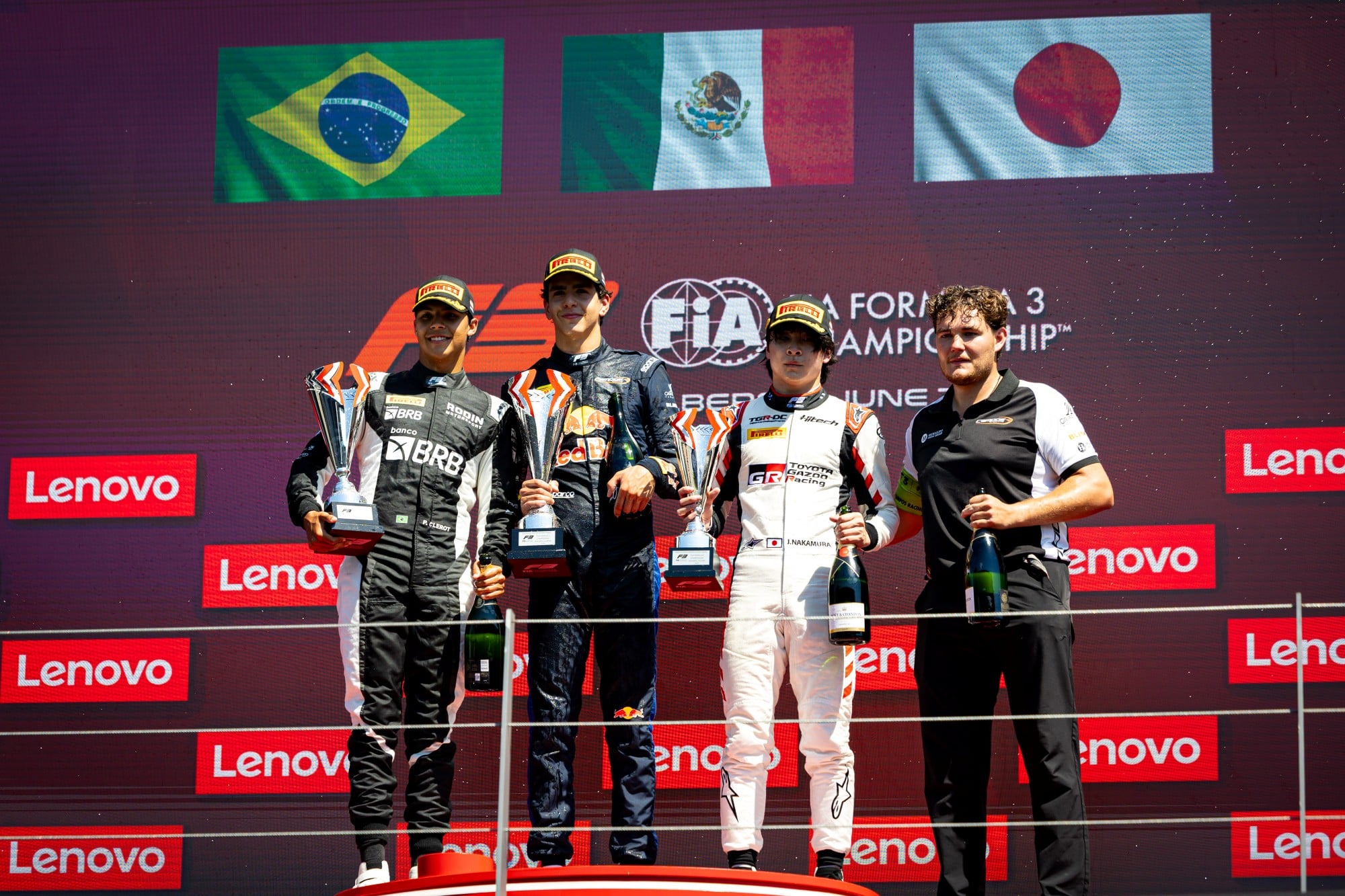 The podium (L to R): Pedro Clerot (BRA) Rodin Motorsport, second; Ernesto Rivera (MEX) Campos Racing, race winner; Jin Nakamura (JPN) Hitech TGR, third.