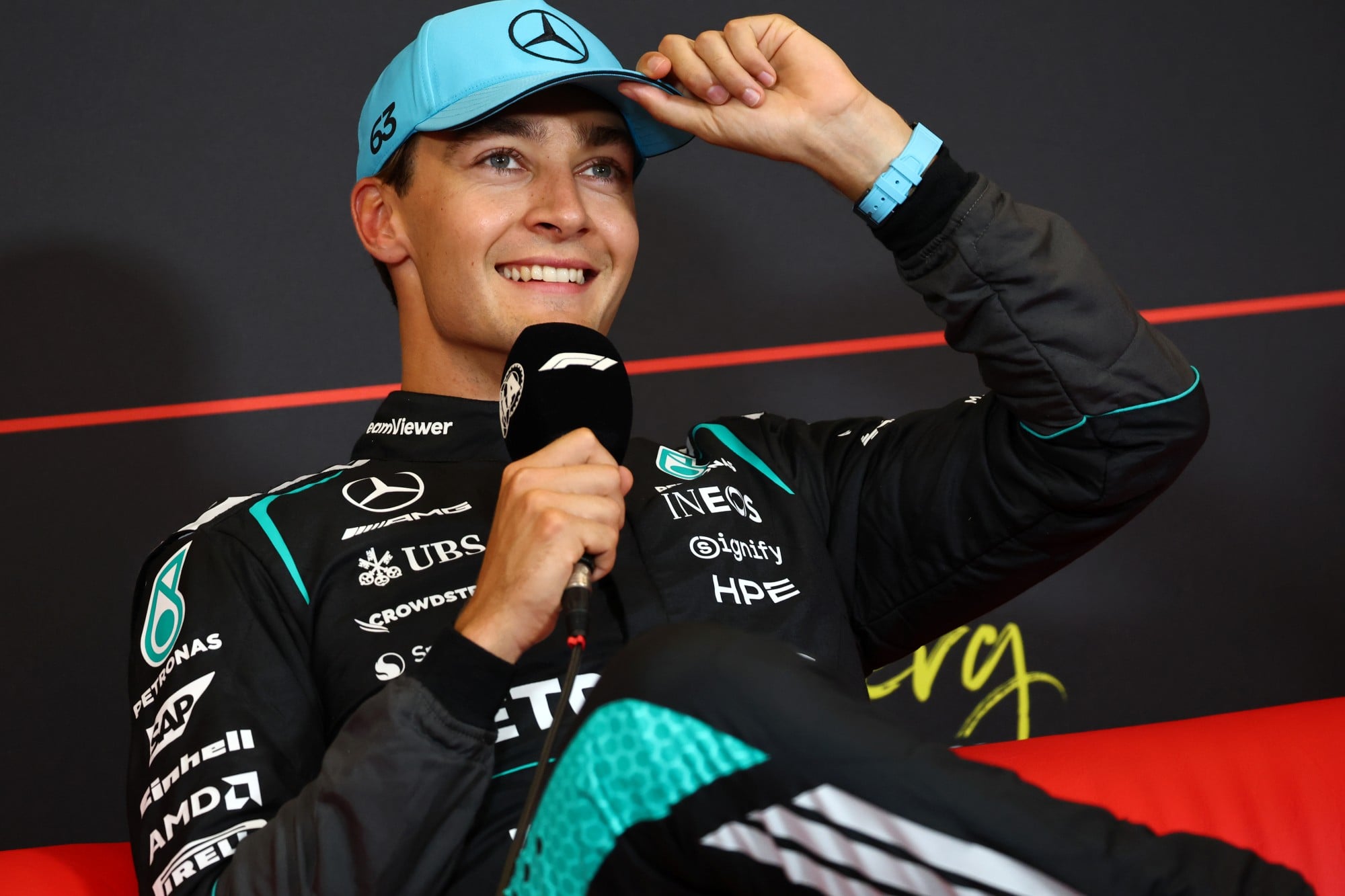 George Russell (GBR) Mercedes AMG Formula One Team in the post qualifying FIA Press Conference.