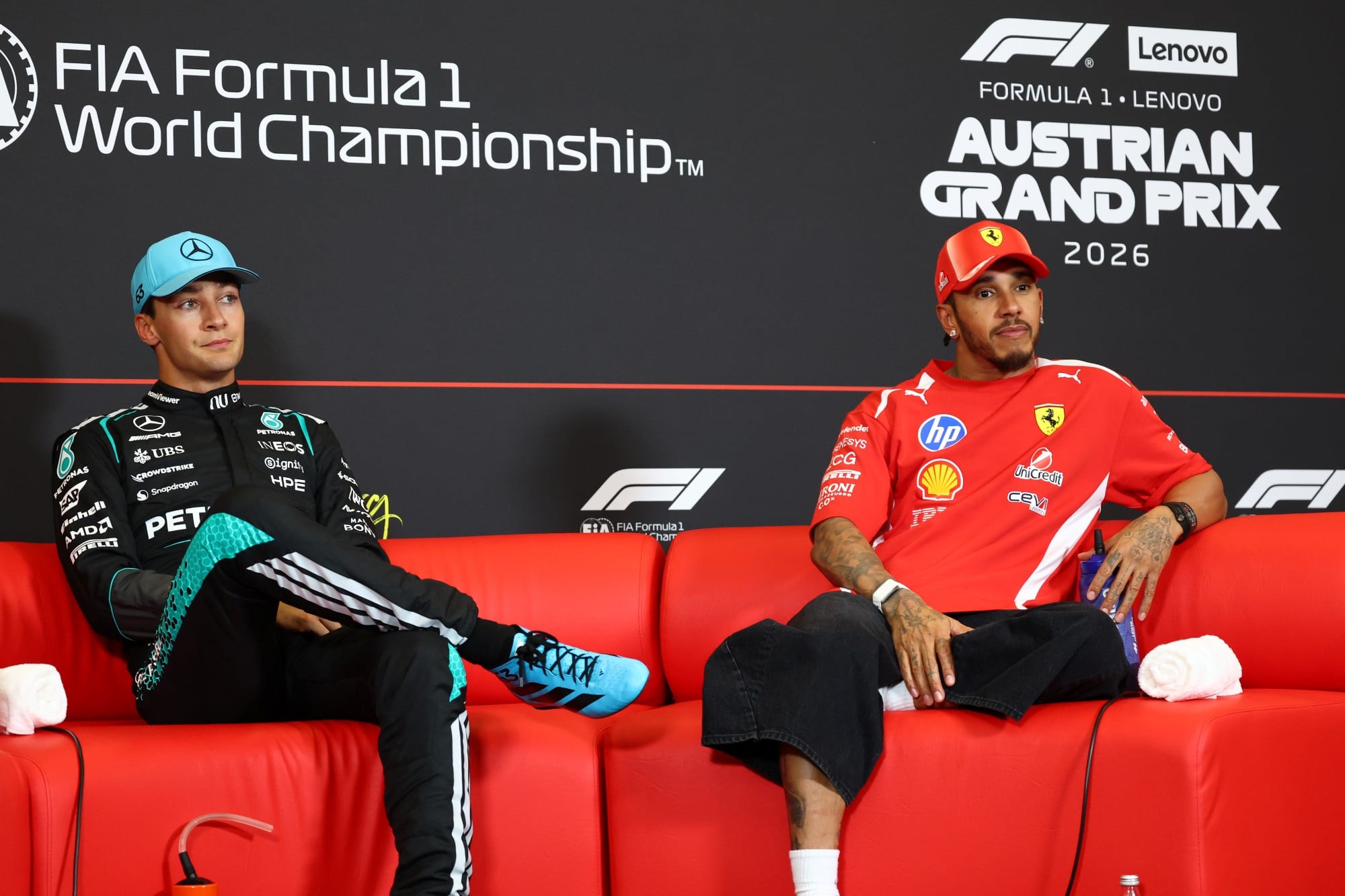 (L to R): George Russell (GBR) Mercedes AMG Formula One Team; and Lewis Hamilton (GBR) Scuderia Ferrari, in the post qualifying FIA Press Conference.