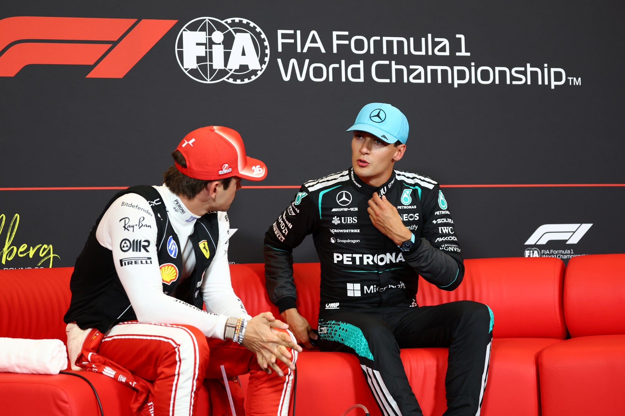(L to R): Charles Leclerc (MON) Scuderia Ferrari; and George Russell (GBR) Mercedes AMG Formula One Team, in the post qualifying FIA Press Conference.