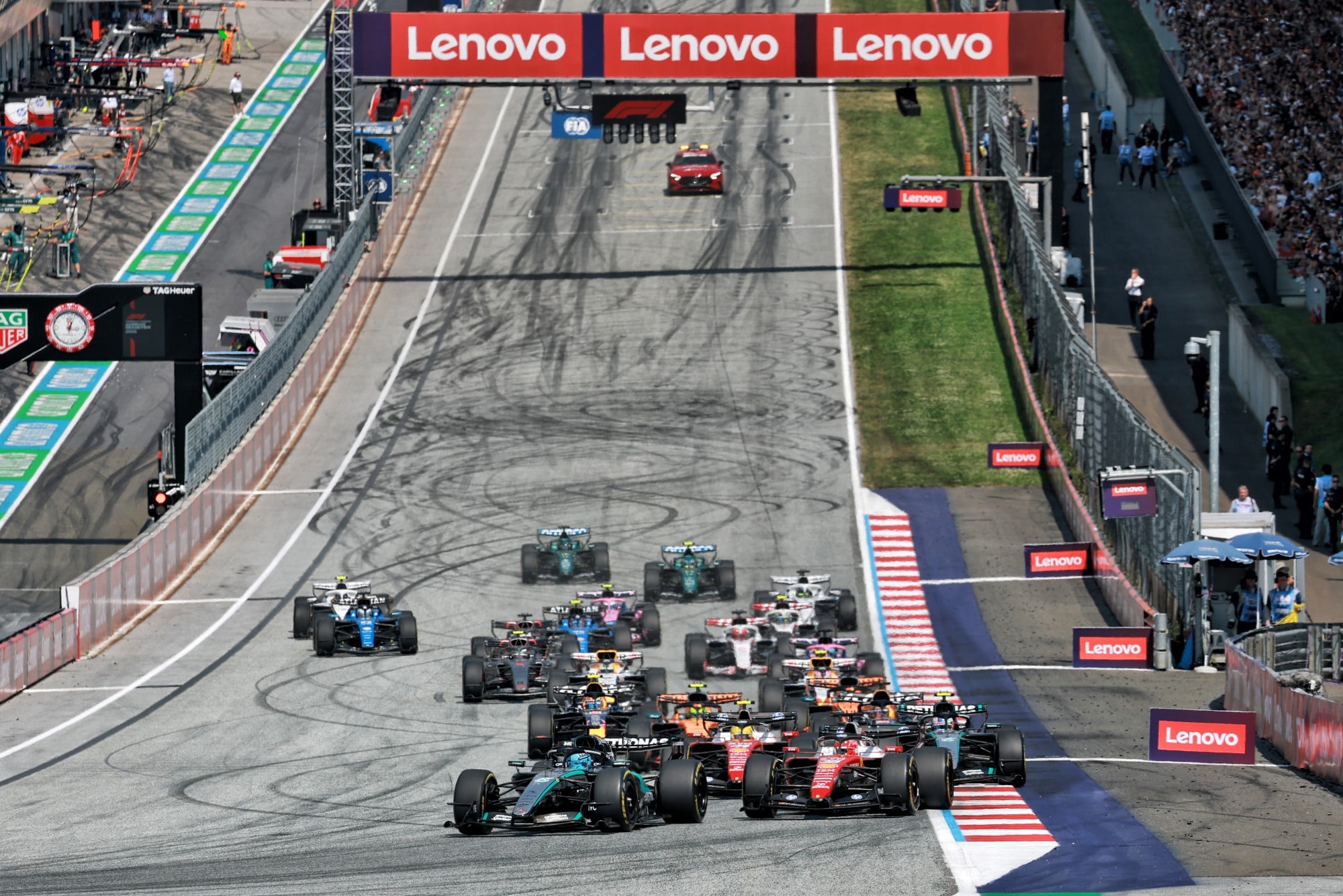 George Russell (GBR) Mercedes AMG Formula One Team W17 leads at the start of the race.