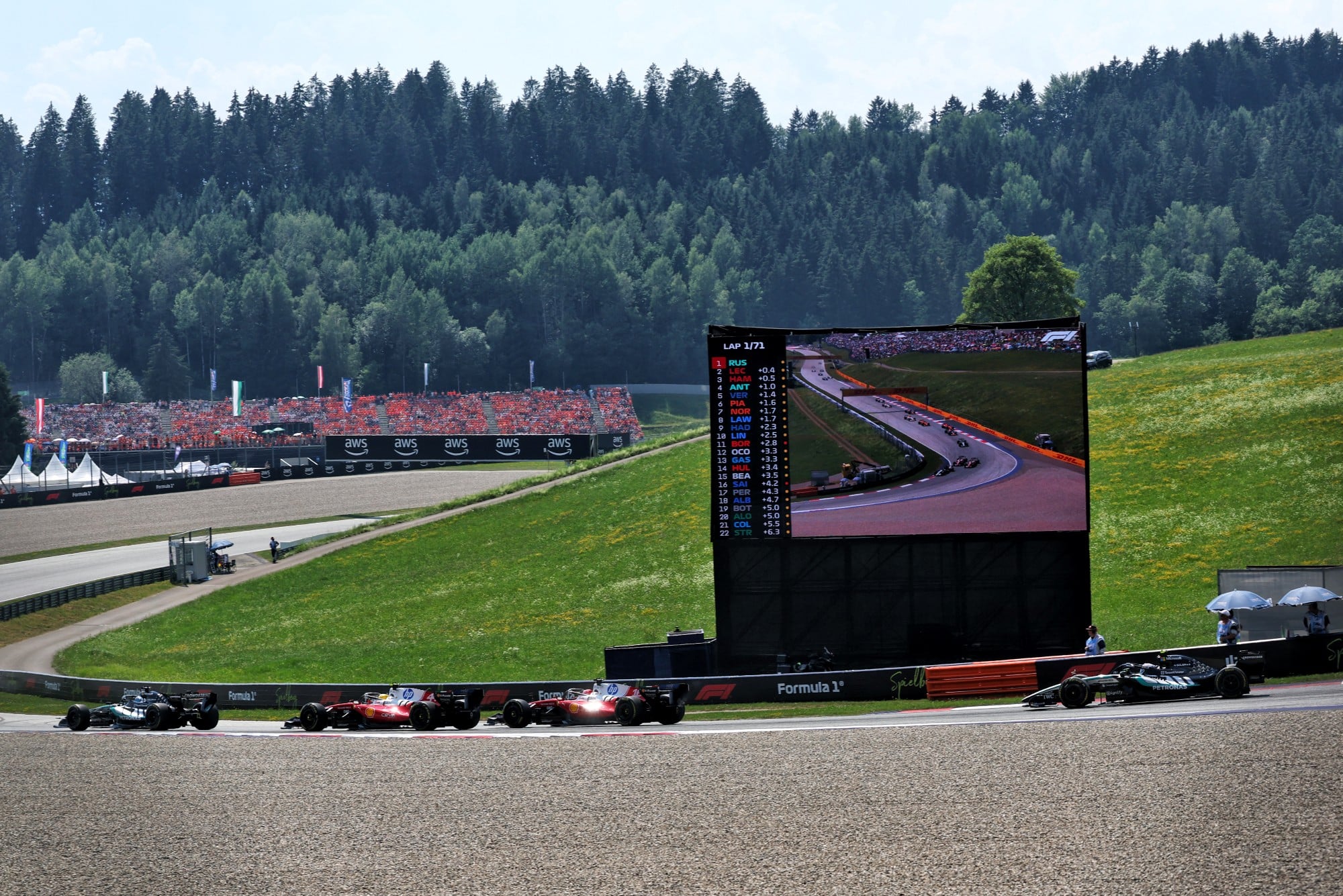 George Russell (GBR) Mercedes AMG Formula One Team W17 leads at the start of the race.