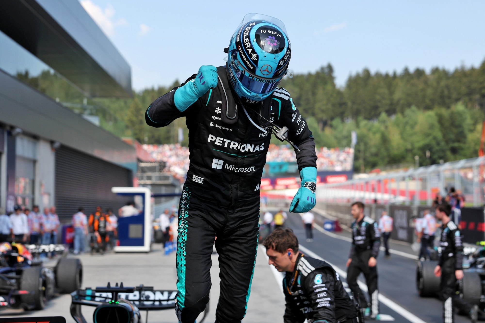 Race winner George Russell (GBR) Mercedes AMG Formula One Team W17 celebrates in parc ferme.