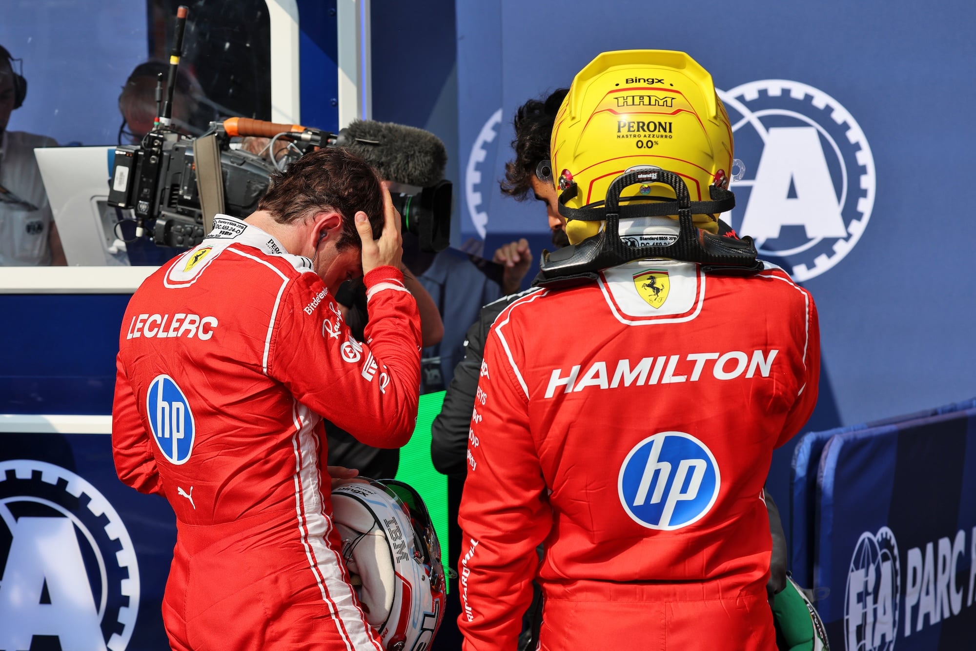 (L to R): Charles Leclerc (MON) Scuderia Ferrari and Lewis Hamilton (GBR) Scuderia Ferrari in qualifying parc ferme.