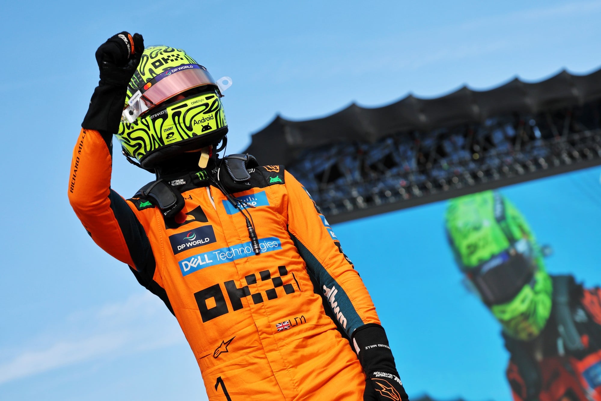 Lando Norris (GBR) McLaren F1 Team celebrates his pole position in qualifying parc ferme.