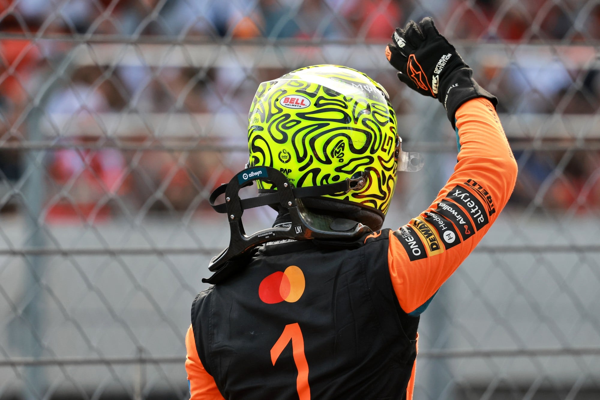 Lando Norris (GBR) McLaren F1 Team celebrates his pole position in qualifying parc ferme.