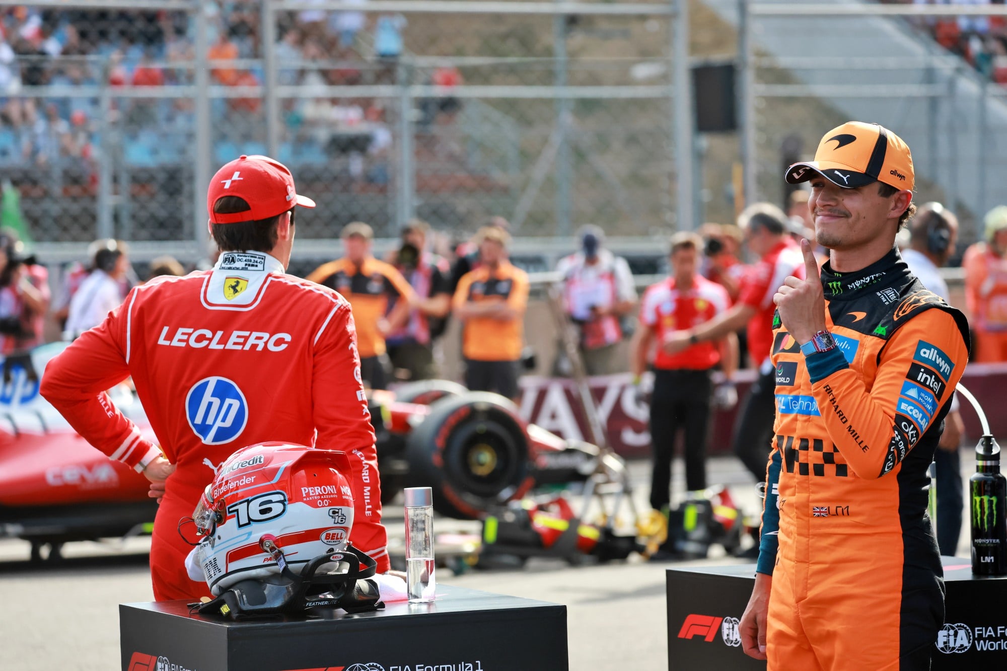 Lando Norris (GBR) McLaren F1 Team celebrates his pole position in qualifying parc ferme.
