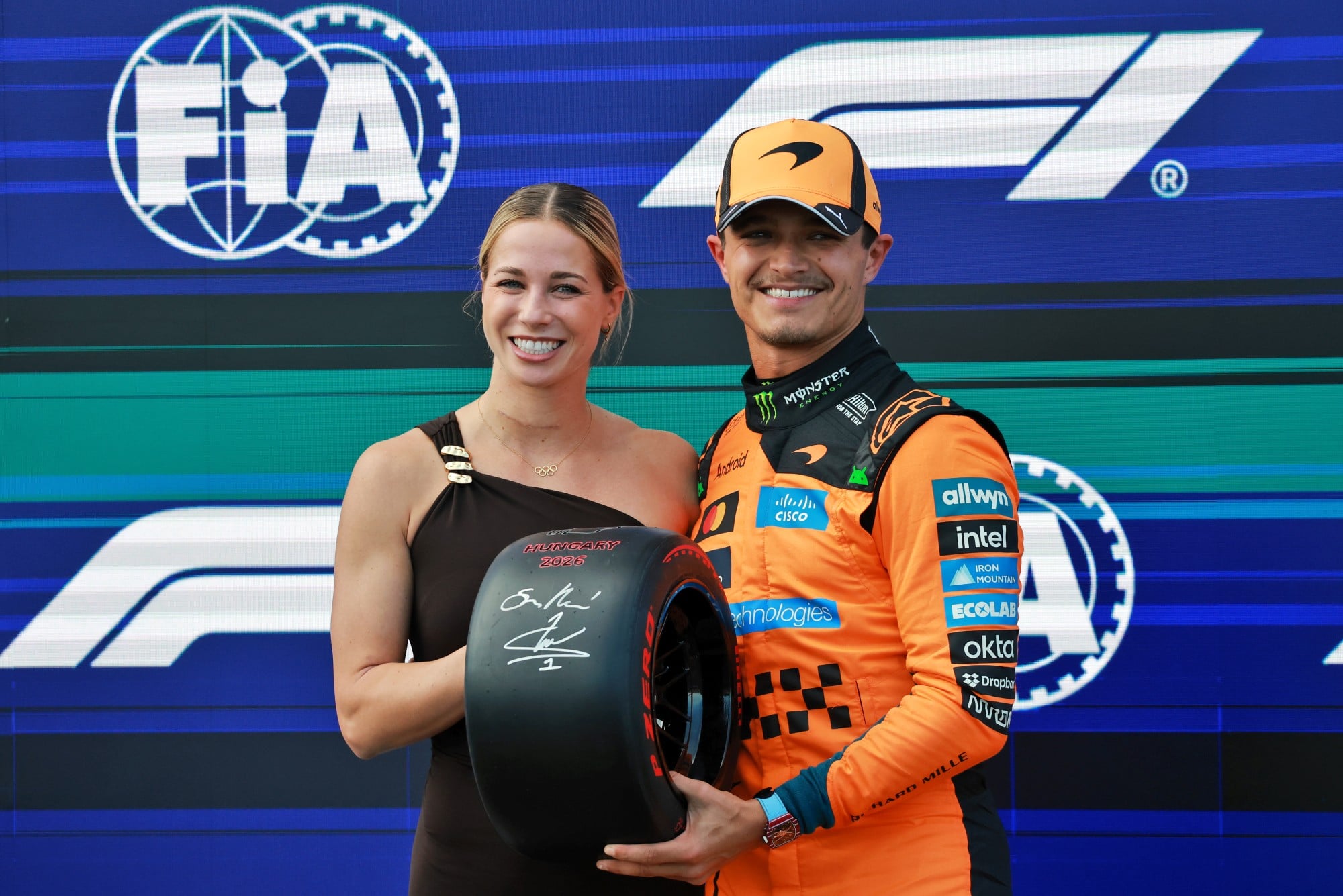 (L to R): Michelle Gulyas (HUN) Modern Pentathlete presents the Pirelli Pole Position Award to Lando Norris (GBR) McLaren F1 Team in qualifying parc ferme.