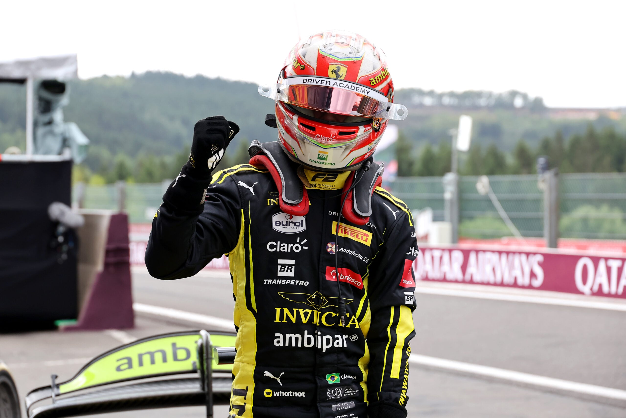 Race winner Rafael Camara (BRA) Invicta Racing celebrates in parc ferme.