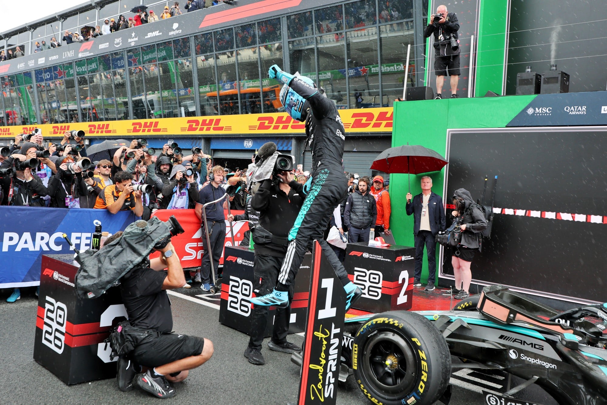 Sprint race winner George Russell (GBR) Mercedes AMG Formula One Team W17 in parc ferme.