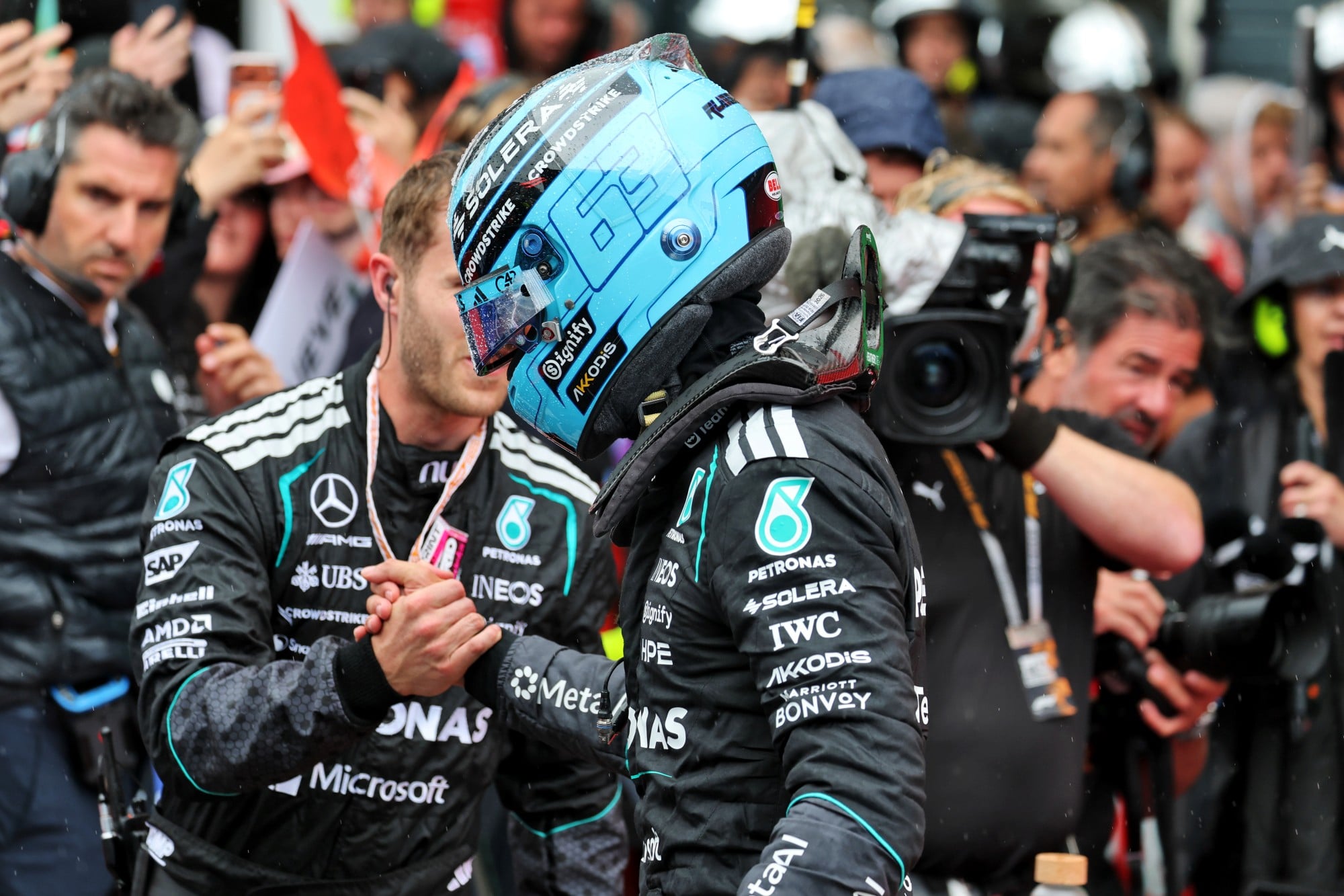 Sprint race winner George Russell (GBR) Mercedes AMG Formula One Team celebrates in parc ferme.