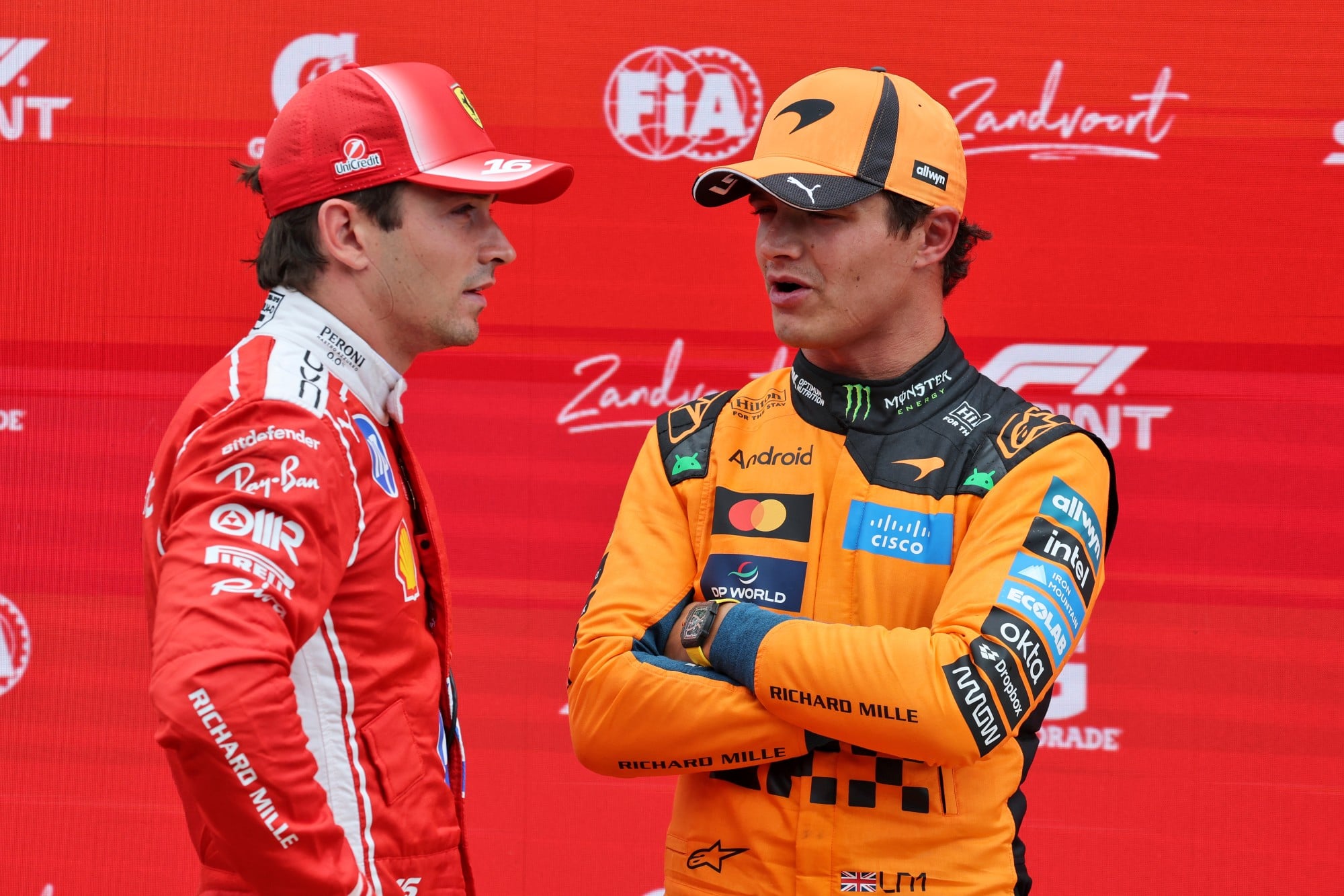 (L to R): Charles Leclerc (MON) Scuderia Ferrari with Lando Norris (GBR) McLaren F1 Team in Sprint parc ferme.