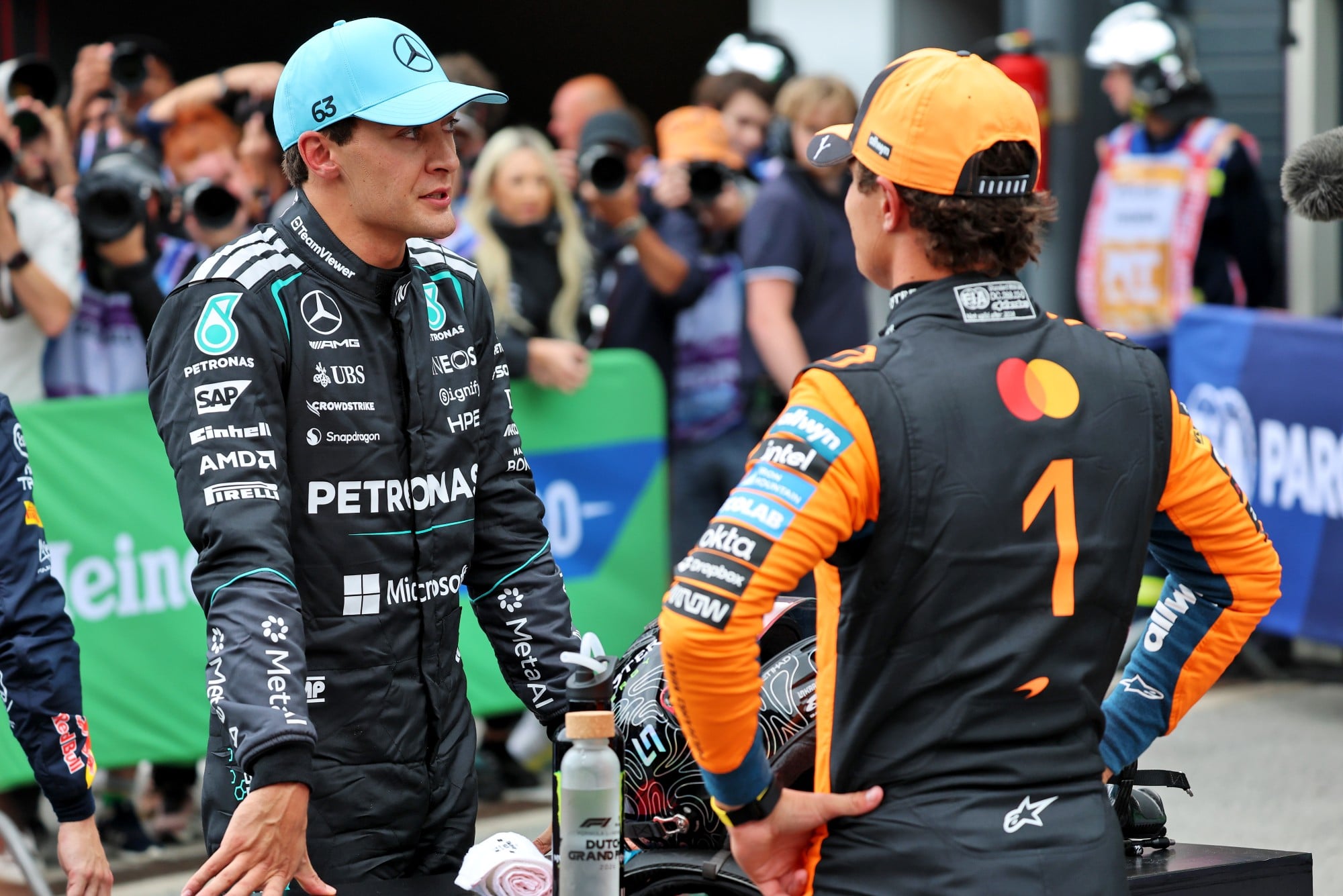 Pole sitter Lando Norris (GBR) McLaren F1 Team in parc ferme (Right) with George Russell (GBR) Mercedes AMG Formula One Team.