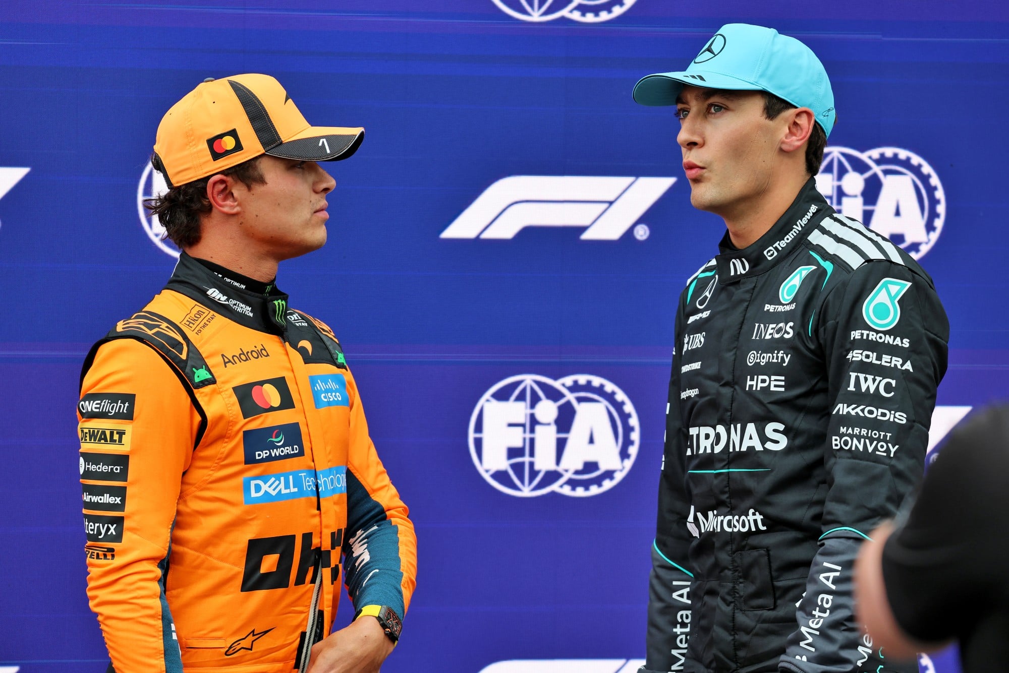 (L to R): Pole sitter Lando Norris (GBR) McLaren F1 Team in parc ferme with George Russell (GBR) Mercedes AMG Formula One Team.