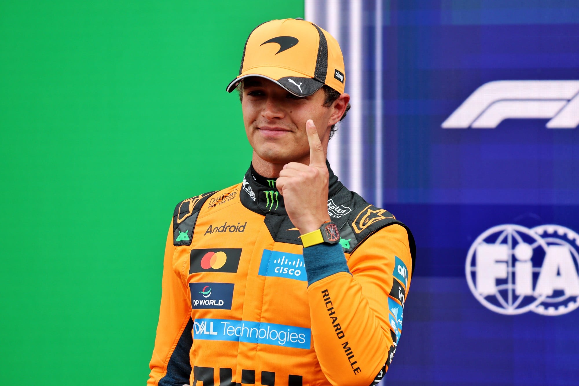 Lando Norris (GBR) McLaren F1 Team celebrates his pole position in qualifying parc ferme.