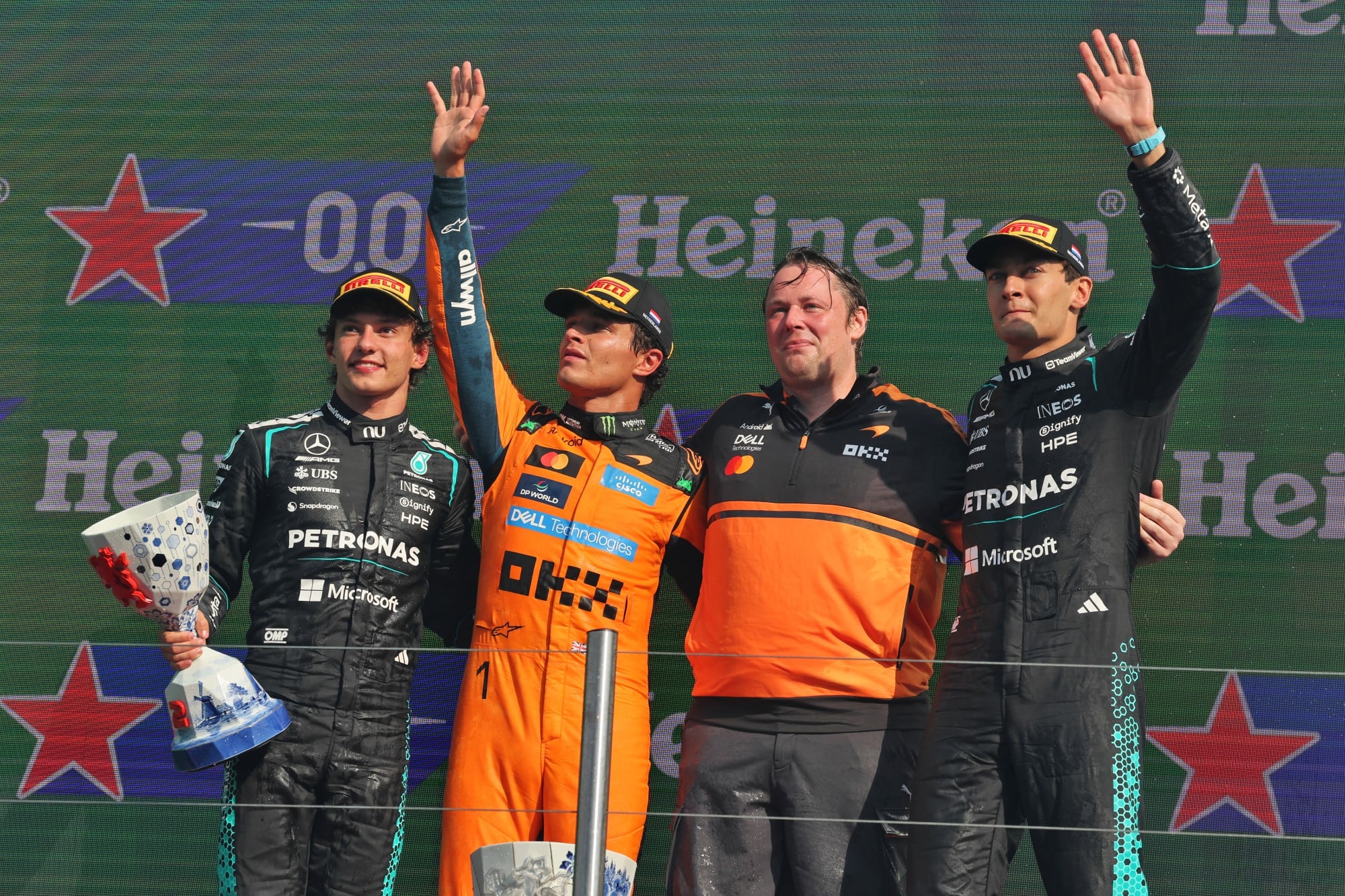 The podium (L to R): Andrea Kimi Antonelli (ITA) Mercedes AMG Formula One Team, second; Lando Norris (GBR) McLaren F1 Team, race winner; Adrian Goodwin (GBR) McLaren F1 Team Associate Director, Race Engineering; George Russell (GBR) Mercedes AMG Formula One Team W17, third.