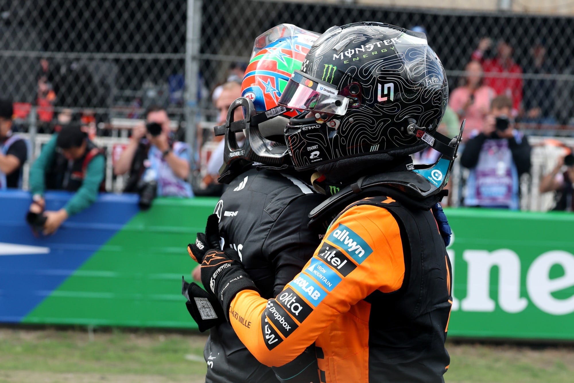 Race winner Lando Norris (GBR) McLaren F1 Team celebrates in parc ferme with Andrea Kimi Antonelli (ITA) Mercedes AMG Formula One Team.