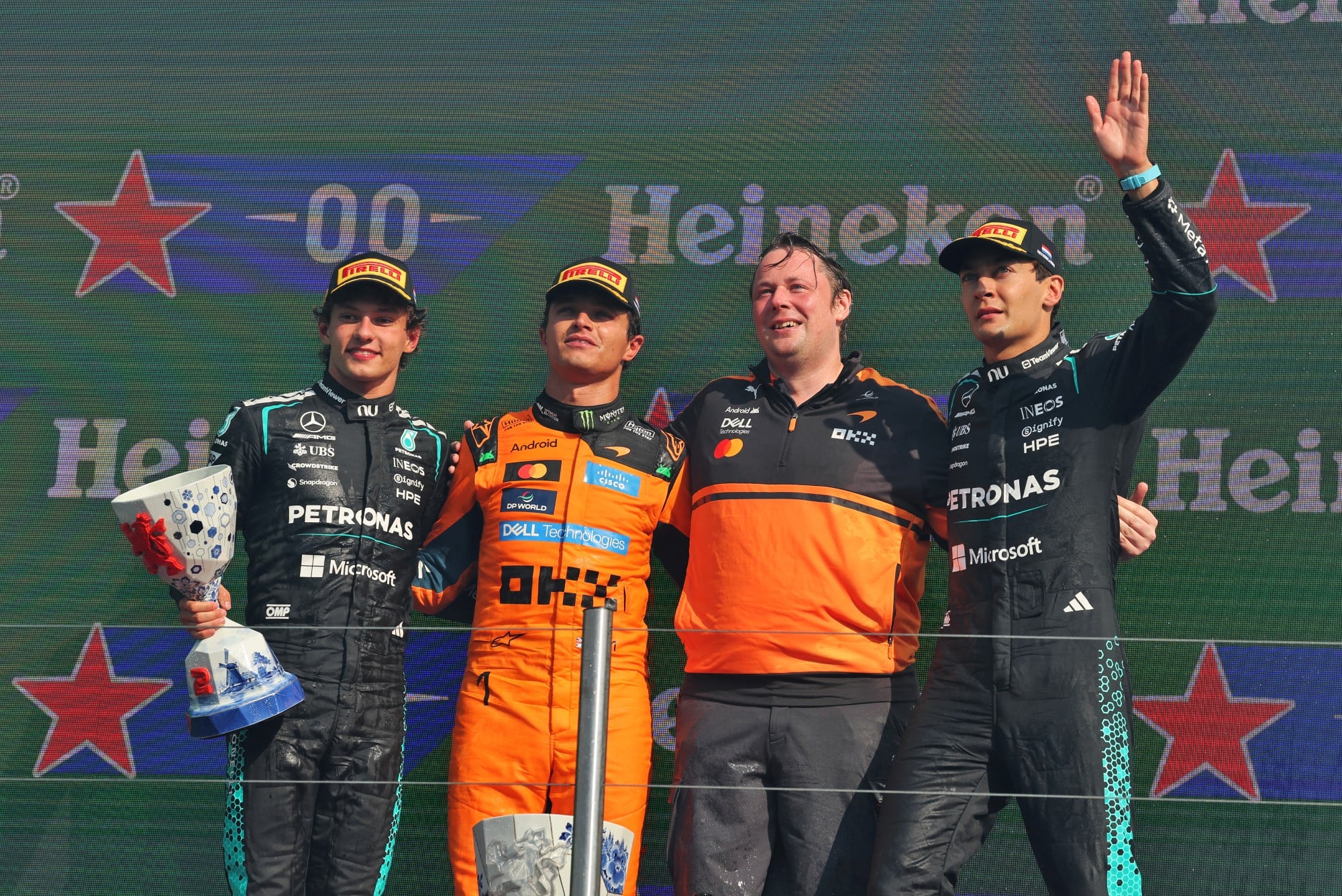 The podium (L to R): Andrea Kimi Antonelli (ITA) Mercedes AMG Formula One Team, second; Lando Norris (GBR) McLaren F1 Team, race winner; Adrian Goodwin (GBR) McLaren F1 Team Associate Director, Race Engineering; George Russell (GBR) Mercedes AMG Formula One Team W17, third.