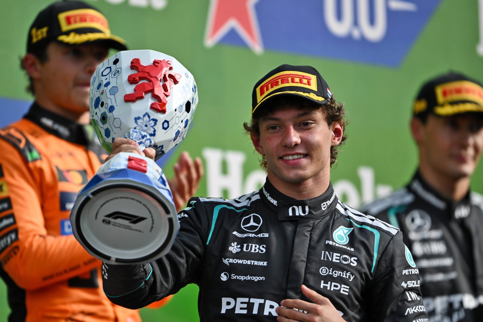 Andrea Kimi Antonelli (ITA) Mercedes AMG Formula One Team celebrates his second position on the podium.