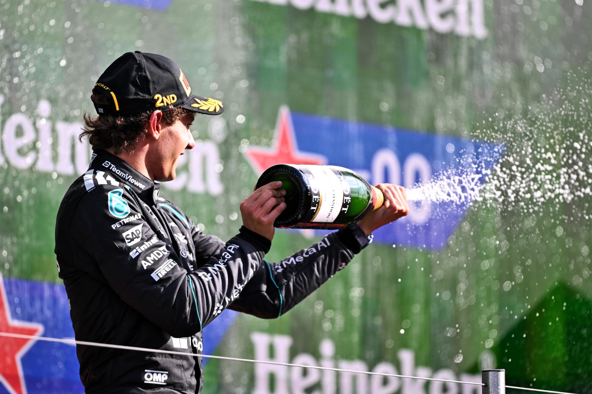 Andrea Kimi Antonelli (ITA) Mercedes AMG Formula One Team celebrates his second position on the podium.