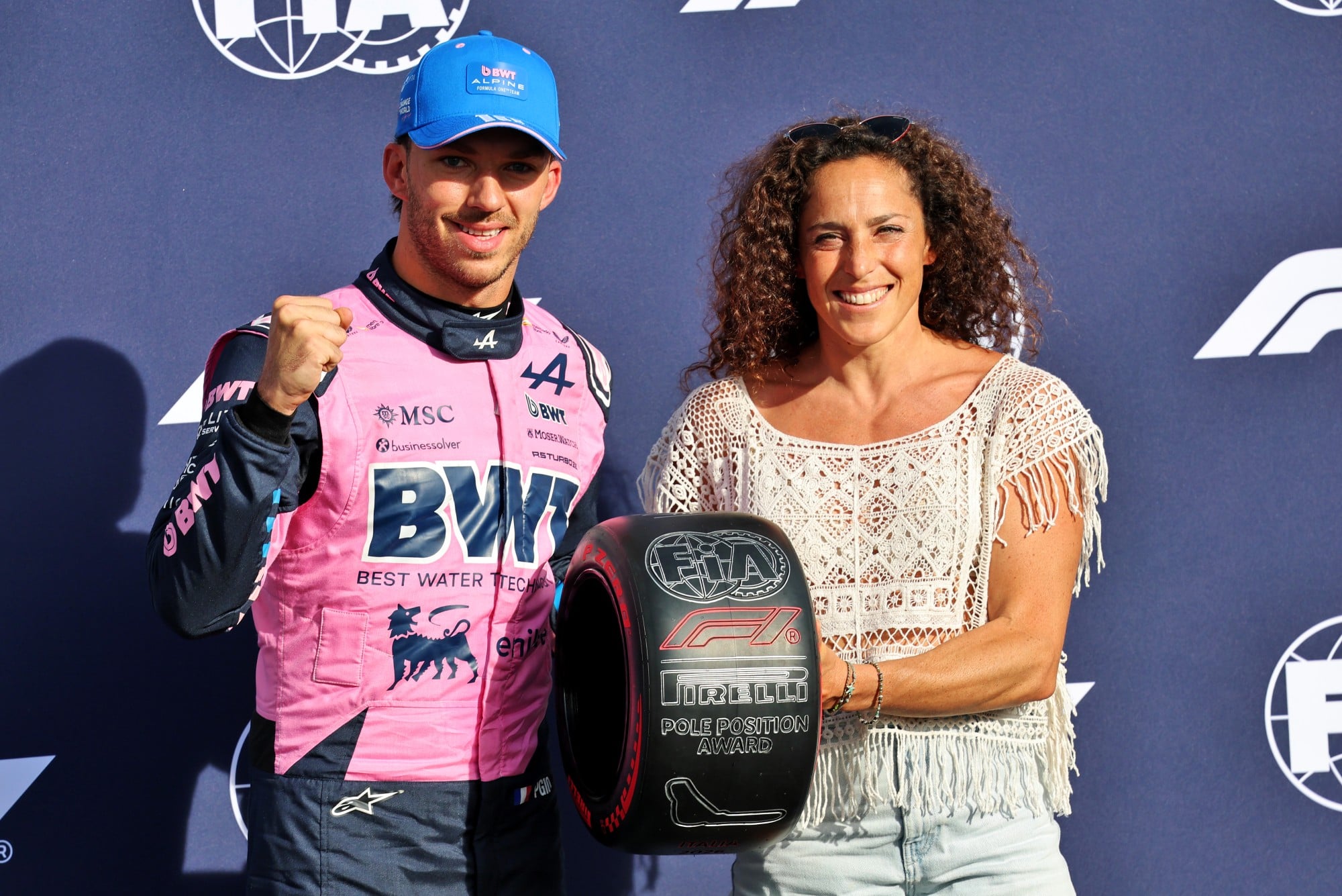 (L to R): Pierre Gasly (FRA) Alpine F1 Team is presented with the Pirelli Pole Position Award by Federica Brignone (ITA) Alpine Ski Racer.