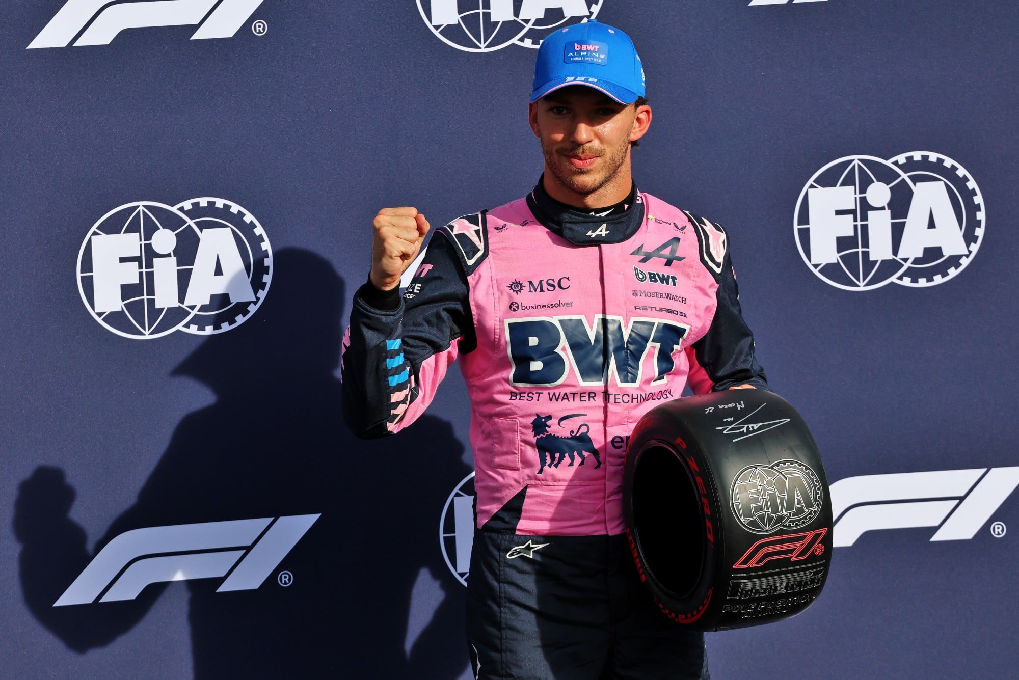 Pierre Gasly (FRA) Alpine F1 Team celebrates his pole position in qualifying parc ferme.