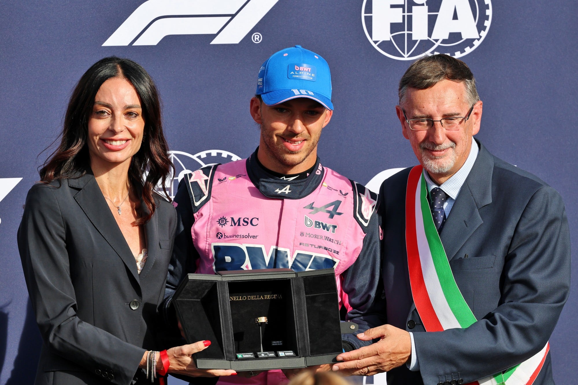 Pierre Gasly (FRA) Alpine F1 Team celebrates his pole position in qualifying parc ferme.