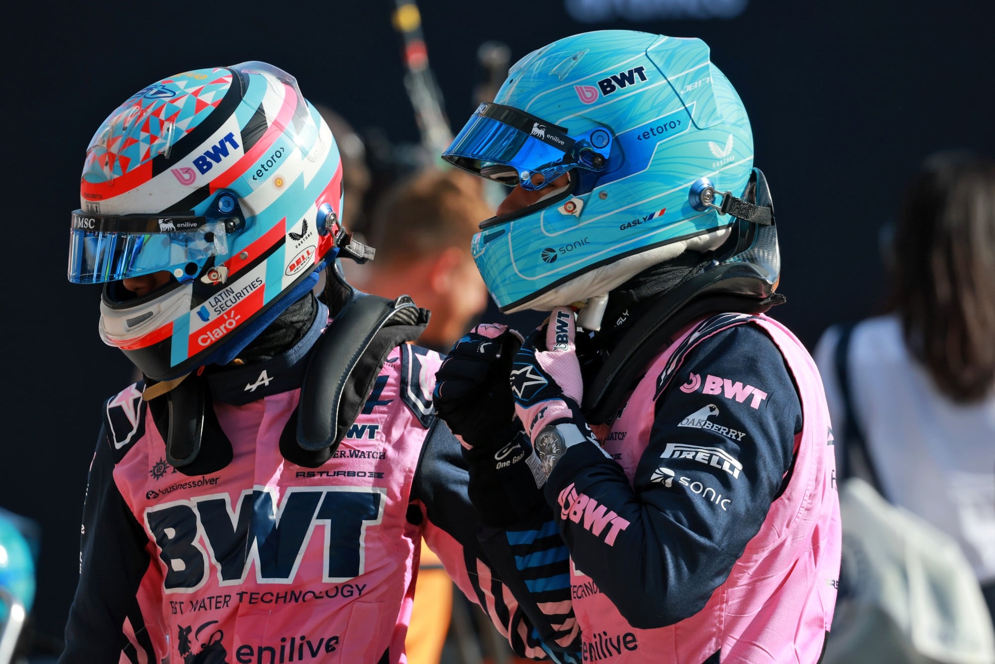 Pierre Gasly (FRA) Alpine F1 Team (Right) celebrates his pole position in qualifying parc ferme with team mate Franco Colapinto (ARG) Alpine F1 Team.