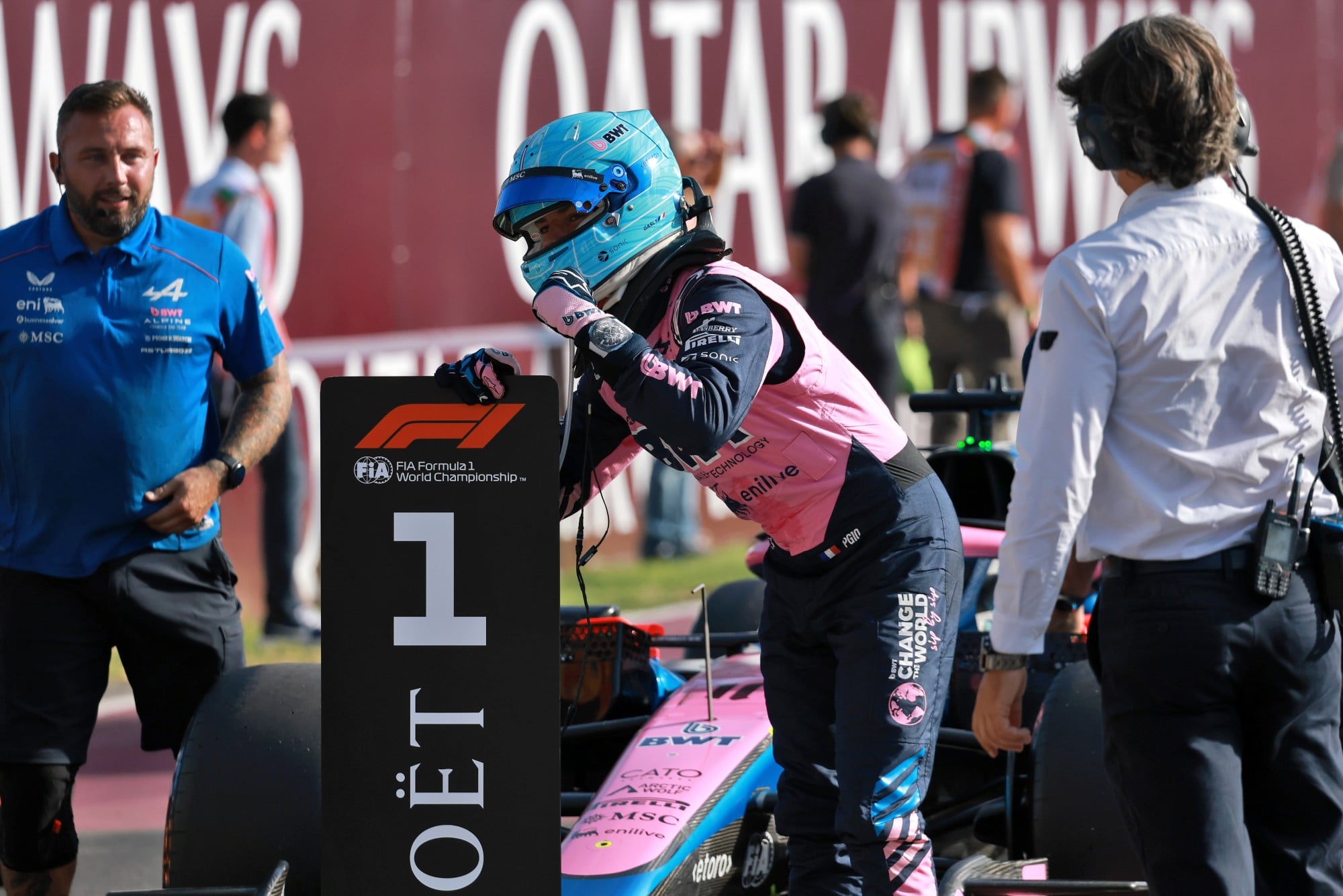 Pierre Gasly (FRA) Alpine F1 Team celebrates his pole position in qualifying parc ferme.