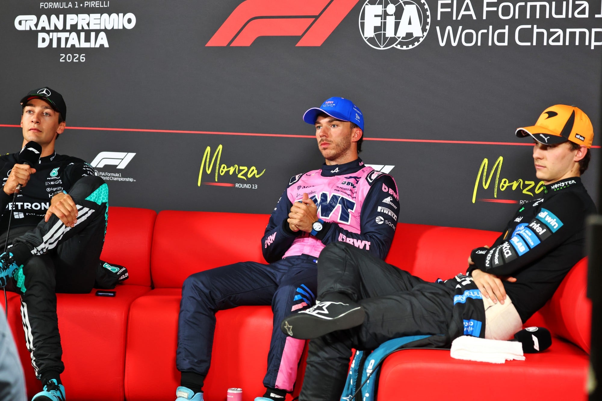 (L to R): George Russell (GBR) Mercedes AMG Formula One Team; Pierre Gasly (FRA) Alpine F1 Team; and Oscar Piastri (AUS) McLaren F1 Team, in the post qualifying FIA Press Conference.