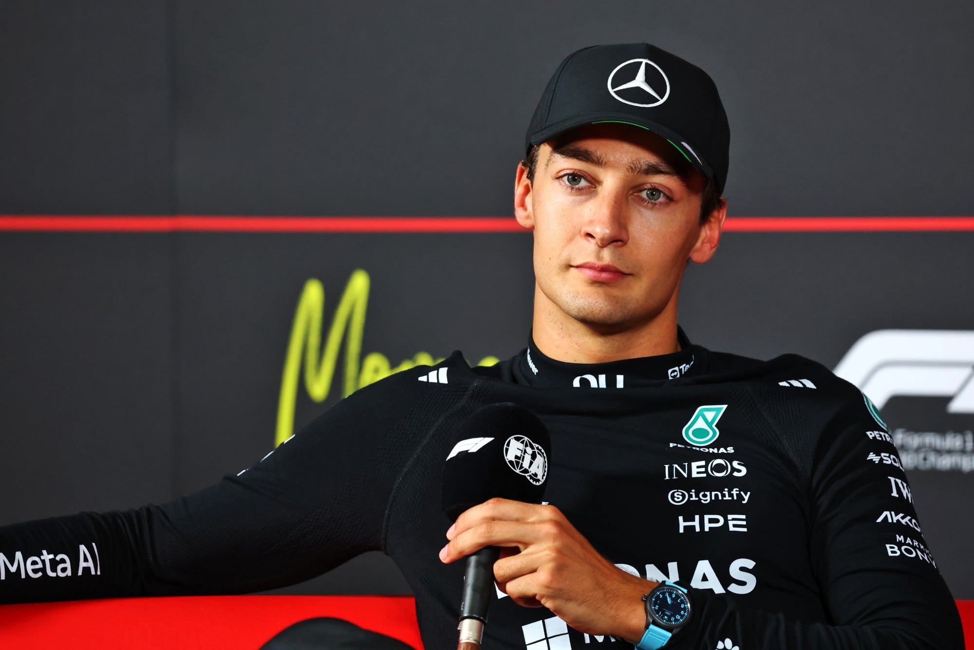 George Russell (GBR) Mercedes AMG Formula One Team in the post qualifying FIA Press Conference.