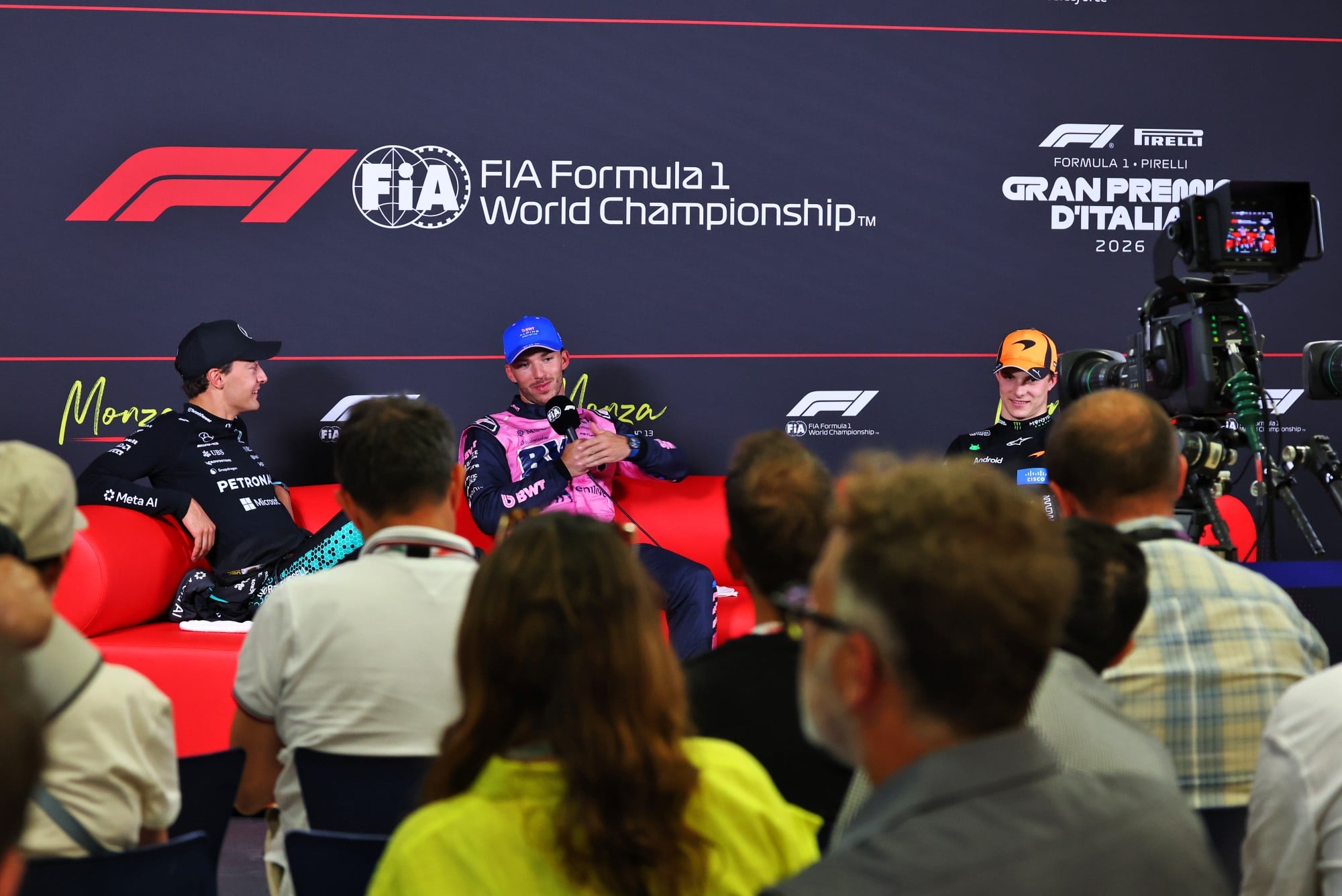 (L to R): George Russell (GBR) Mercedes AMG Formula One Team; Pierre Gasly (FRA) Alpine F1 Team; and Oscar Piastri (AUS) McLaren F1 Team, in the post qualifying FIA Press Conference.