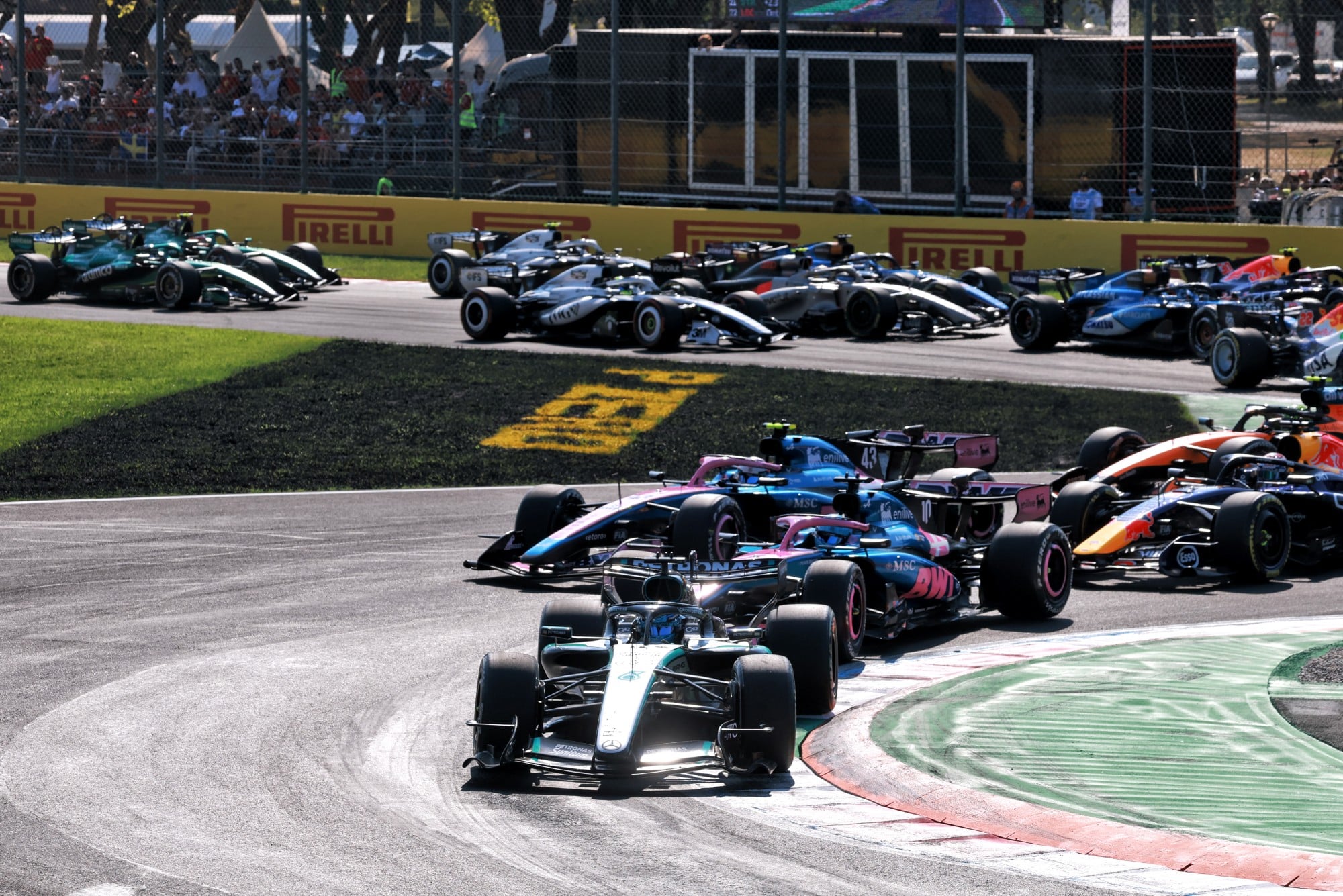 George Russell (GBR) Mercedes AMG Formula One Team W17 leads at the restart of the race.