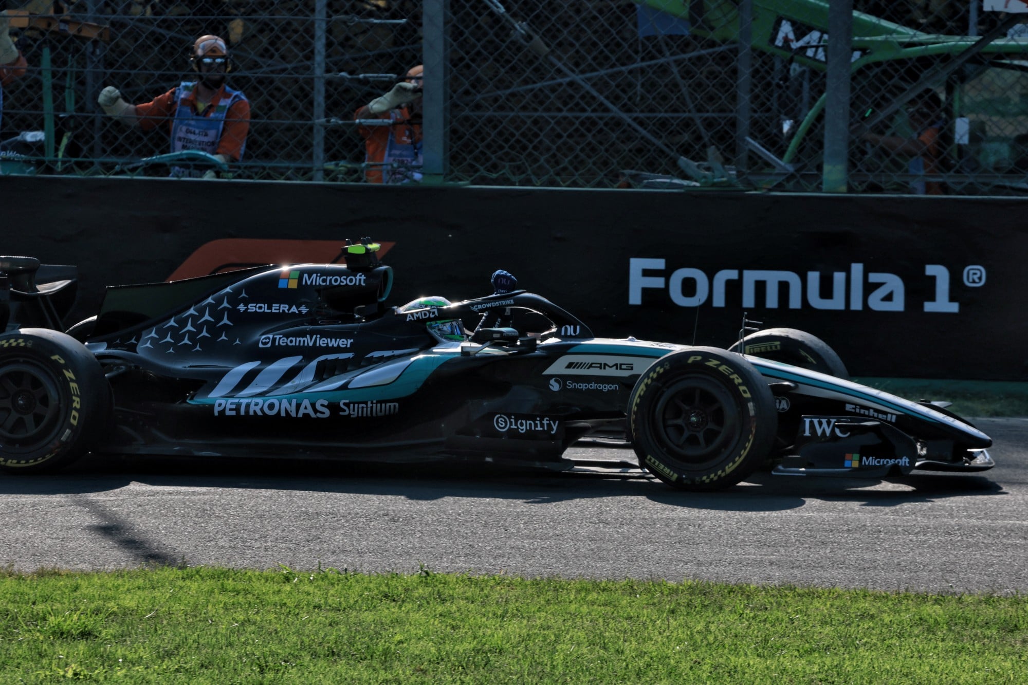 Race winner Andrea Kimi Antonelli (ITA) Mercedes AMG Formula One Team W17 celebrates at the end of the race.