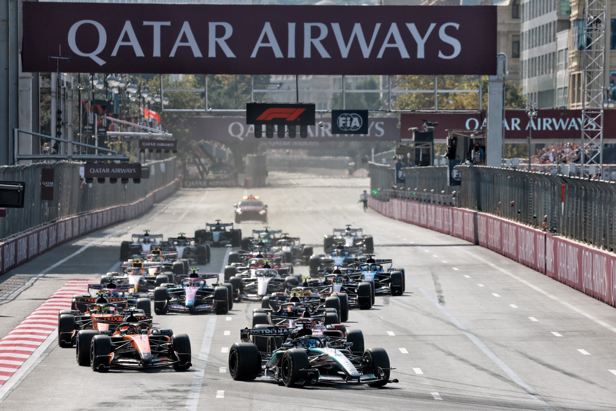 George Russell (GBR) Mercedes AMG Formula One Team W17 leads at the start of the race.