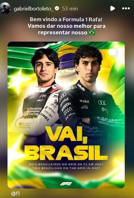 Bortoleto compartilha post nas redes sociais e dá boas-vindas a Câmara na Fórmula 1