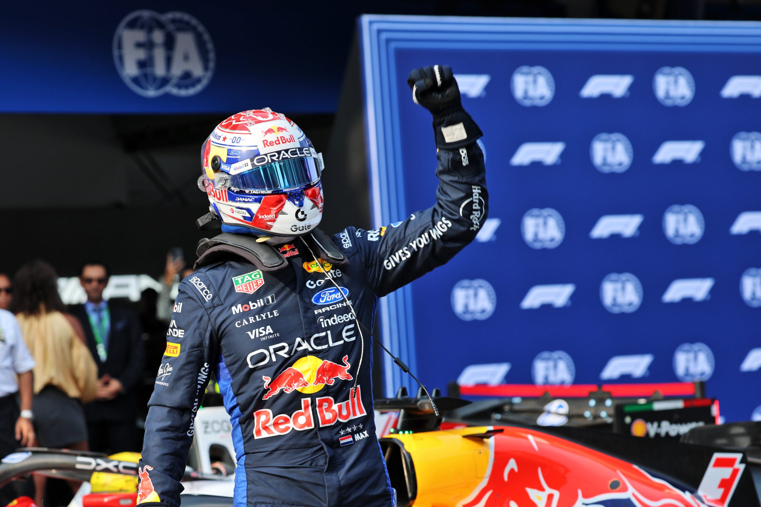Max Verstappen (NLD) Red Bull Racing celebrates his pole position in qualifying parc ferme.