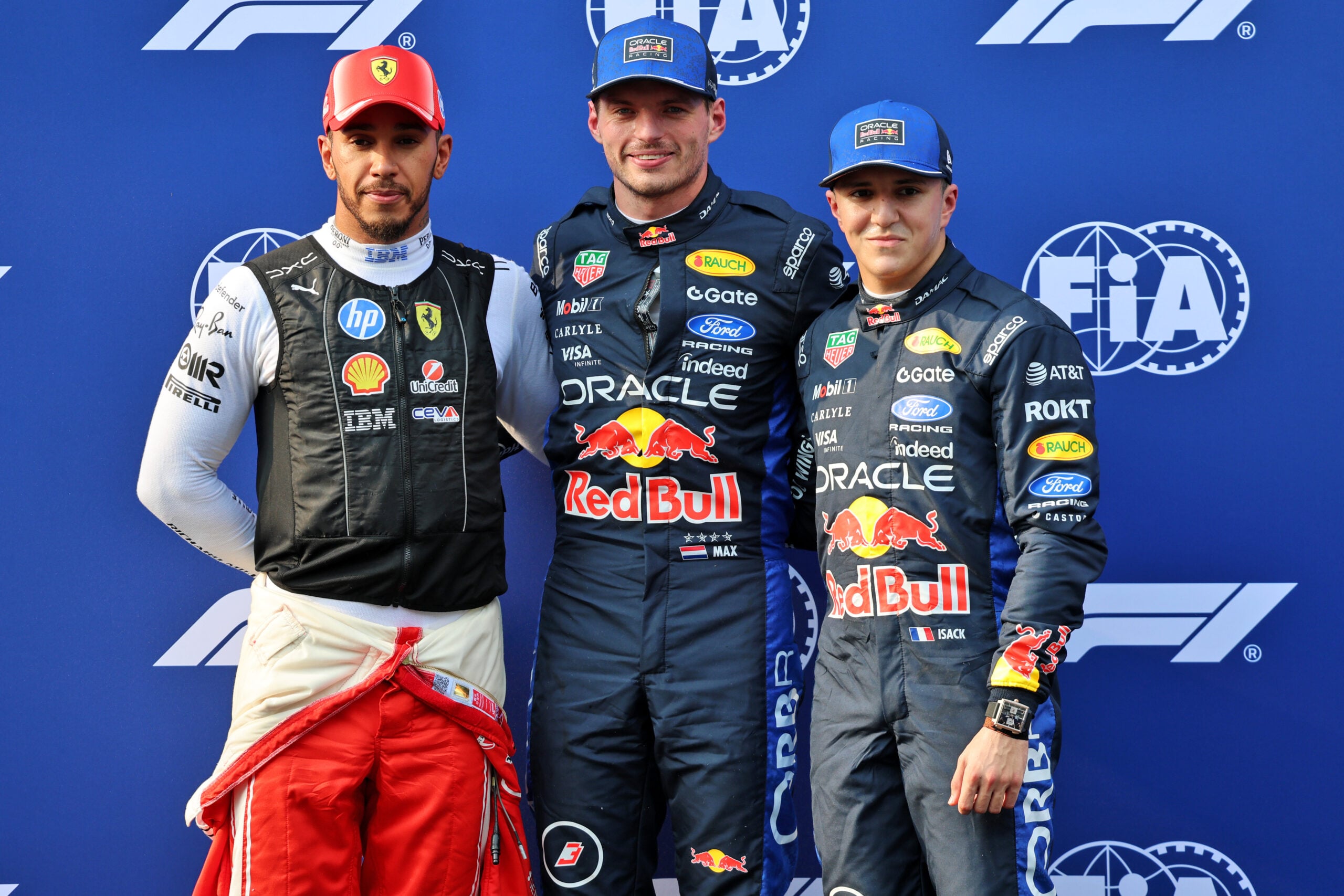 Qualifying top three in parc ferme (L to R): Lewis Hamilton (GBR) Scuderia Ferrari, second; Max Verstappen (NLD) Red Bull Racing, pole position; Isack Hadjar (FRA) Red Bull Racing, third.