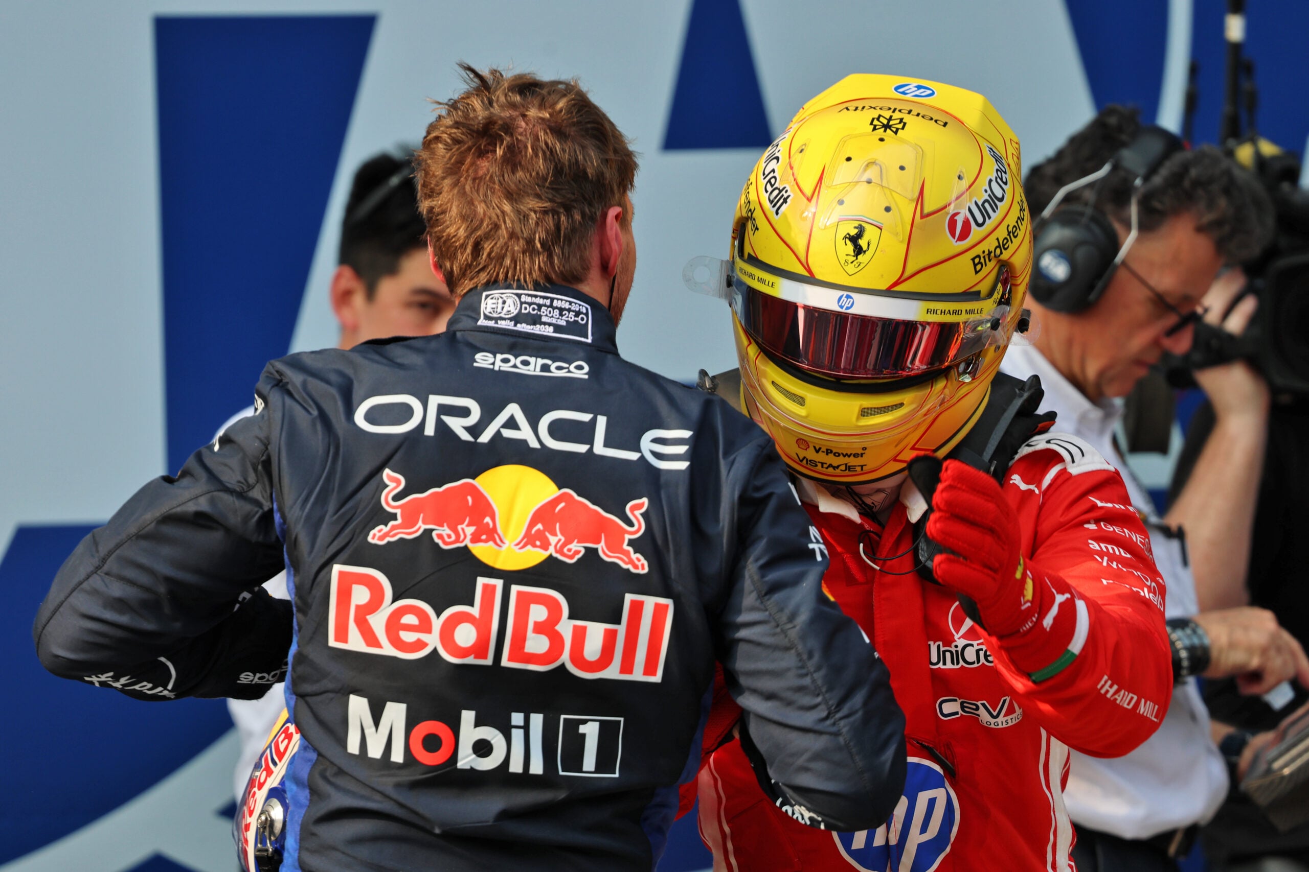 (L to R): Max Verstappen (NLD) Red Bull Racing celebrates his pole position in qualifying parc ferme with second placed Lewis Hamilton (GBR) Scuderia Ferrari.