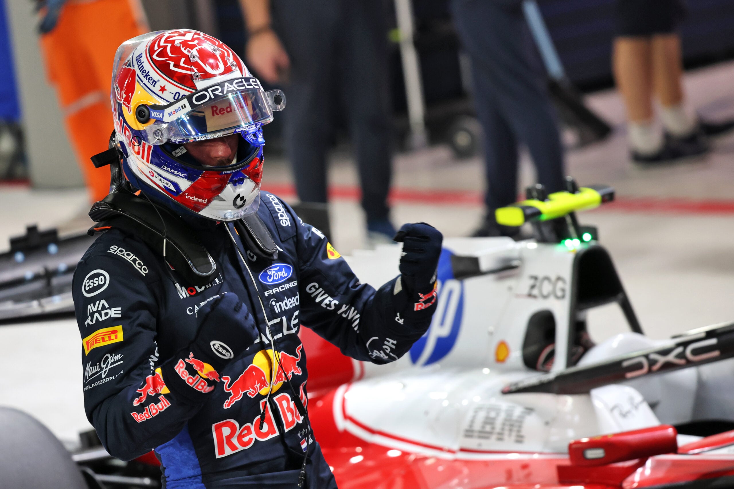Max Verstappen (NLD) Red Bull Racing celebrates his pole position in qualifying parc ferme.