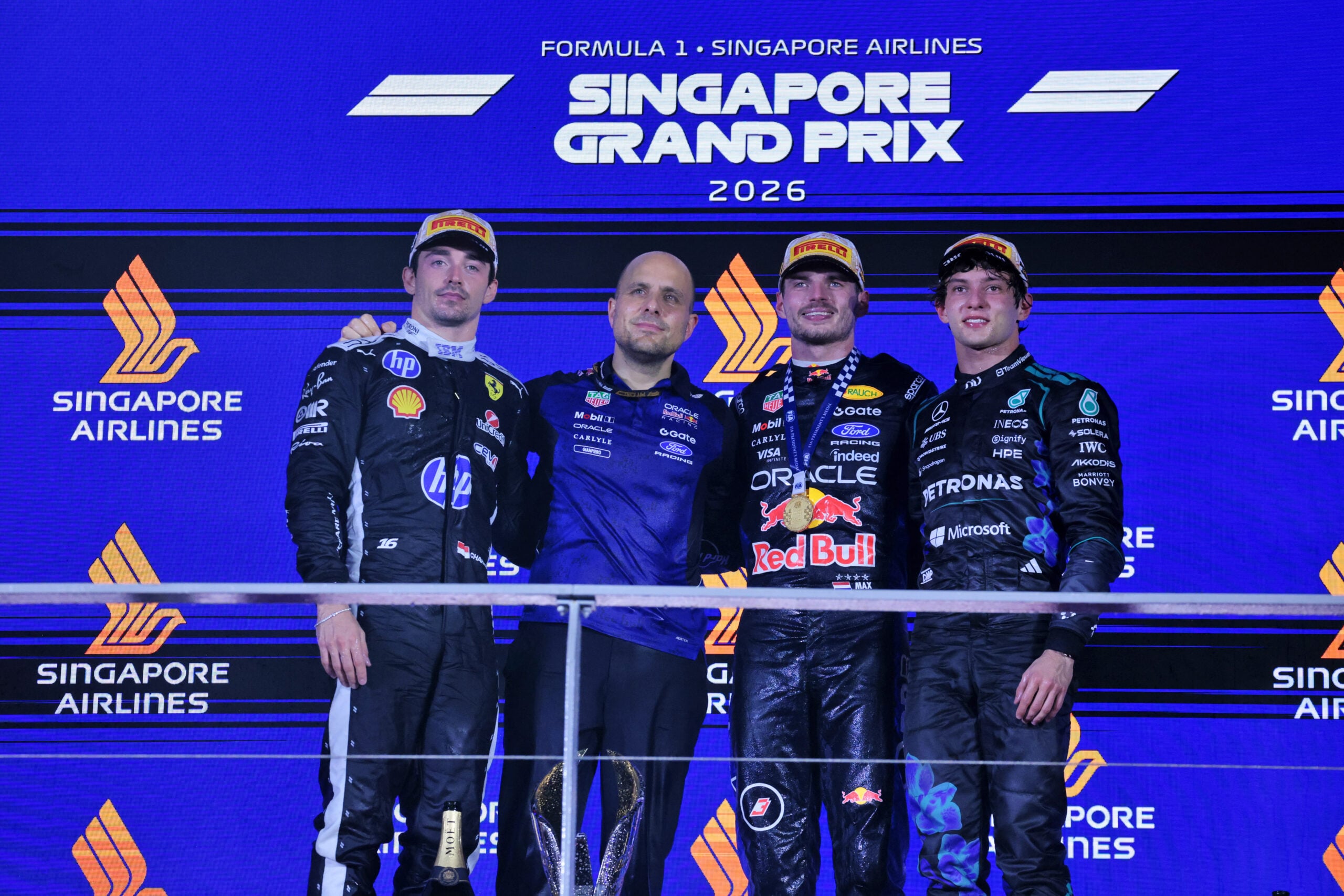 The podium (L to R): Charles Leclerc (MON) Scuderia Ferrari, second; Gianpiero Lambiase (ITA) Red Bull Racing Head of Race Engineering; Max Verstappen (NLD) Red Bull Racing, race winner; Andrea Kimi Antonelli (ITA) Mercedes AMG Formula One Team, third.