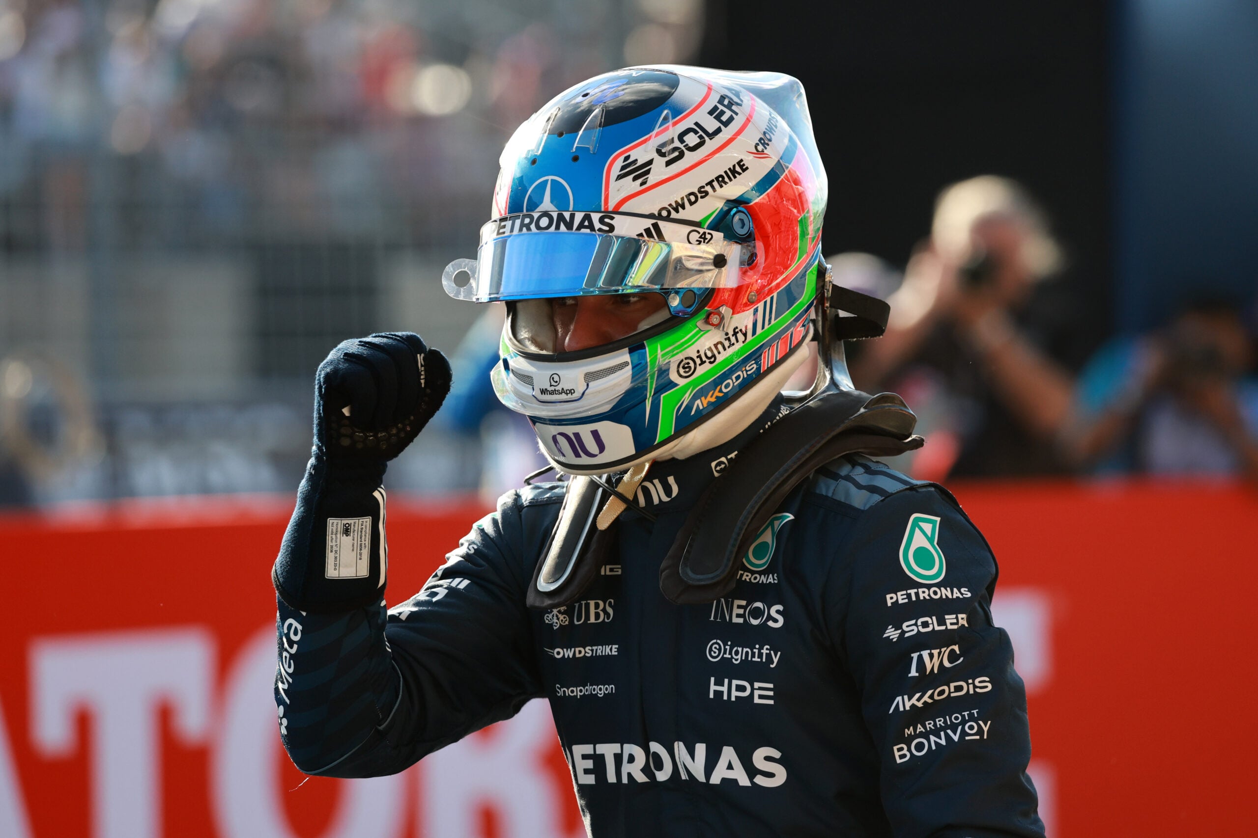 Andrea Kimi Antonelli (ITA) Mercedes AMG Formula One Team celebrates his pole position in qualifying parc ferme.
