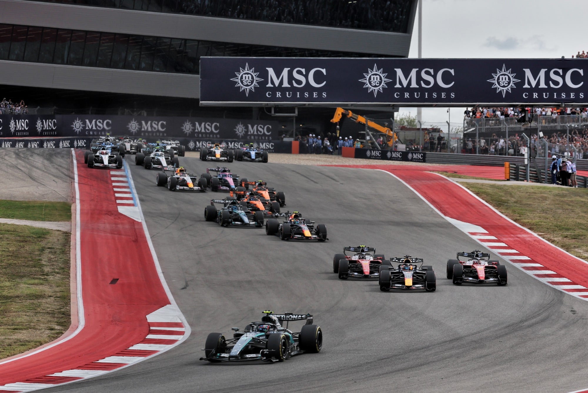 Andrea Kimi Antonelli (ITA) Mercedes AMG Formula One Team W17 leads at the start of the race.