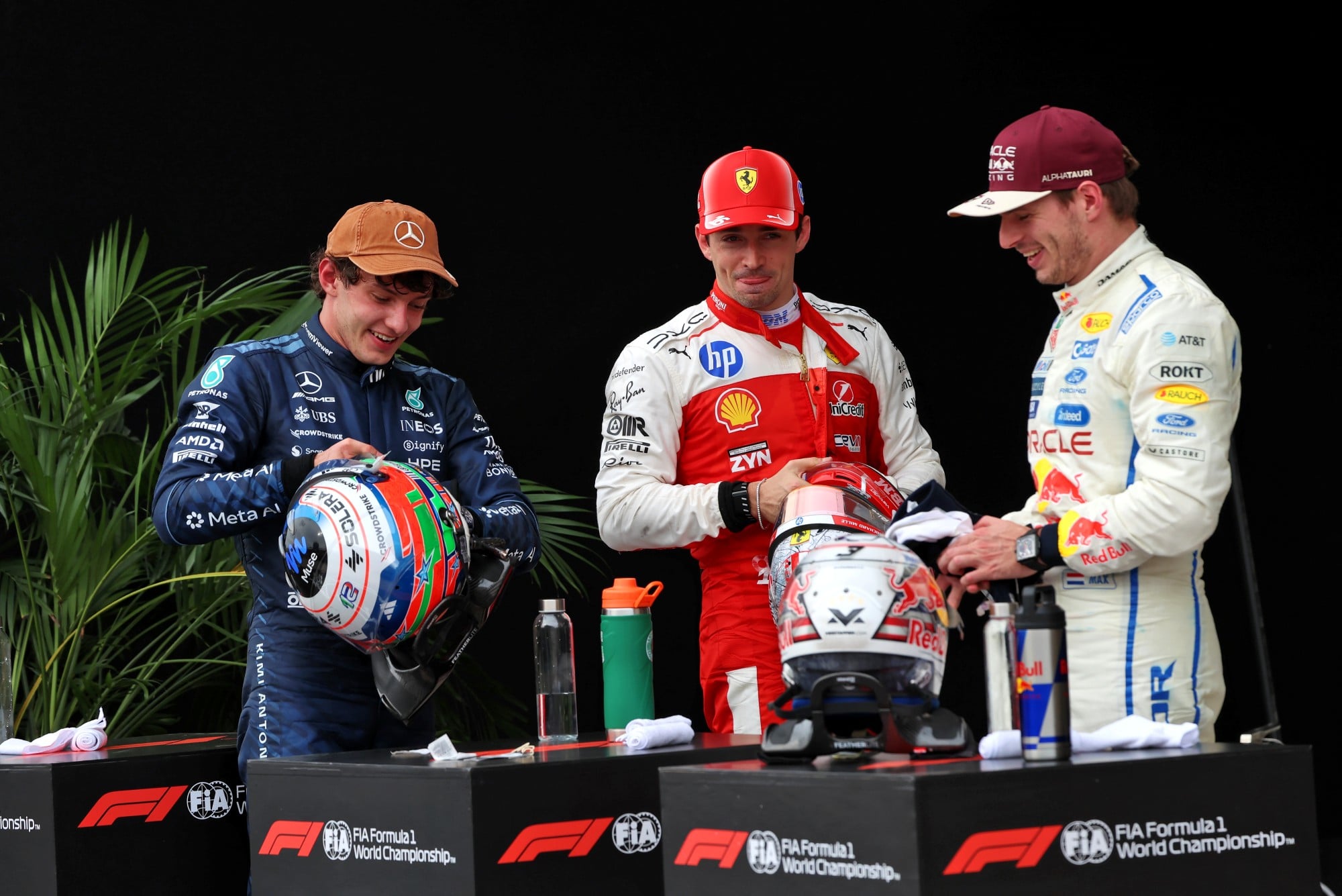 (L to R): Race winner Andrea Kimi Antonelli (ITA) Mercedes AMG Formula One Team in parc ferme with second placed Charles Leclerc (MON) Scuderia Ferrari and third placed Max Verstappen (NLD) Red Bull Racing.