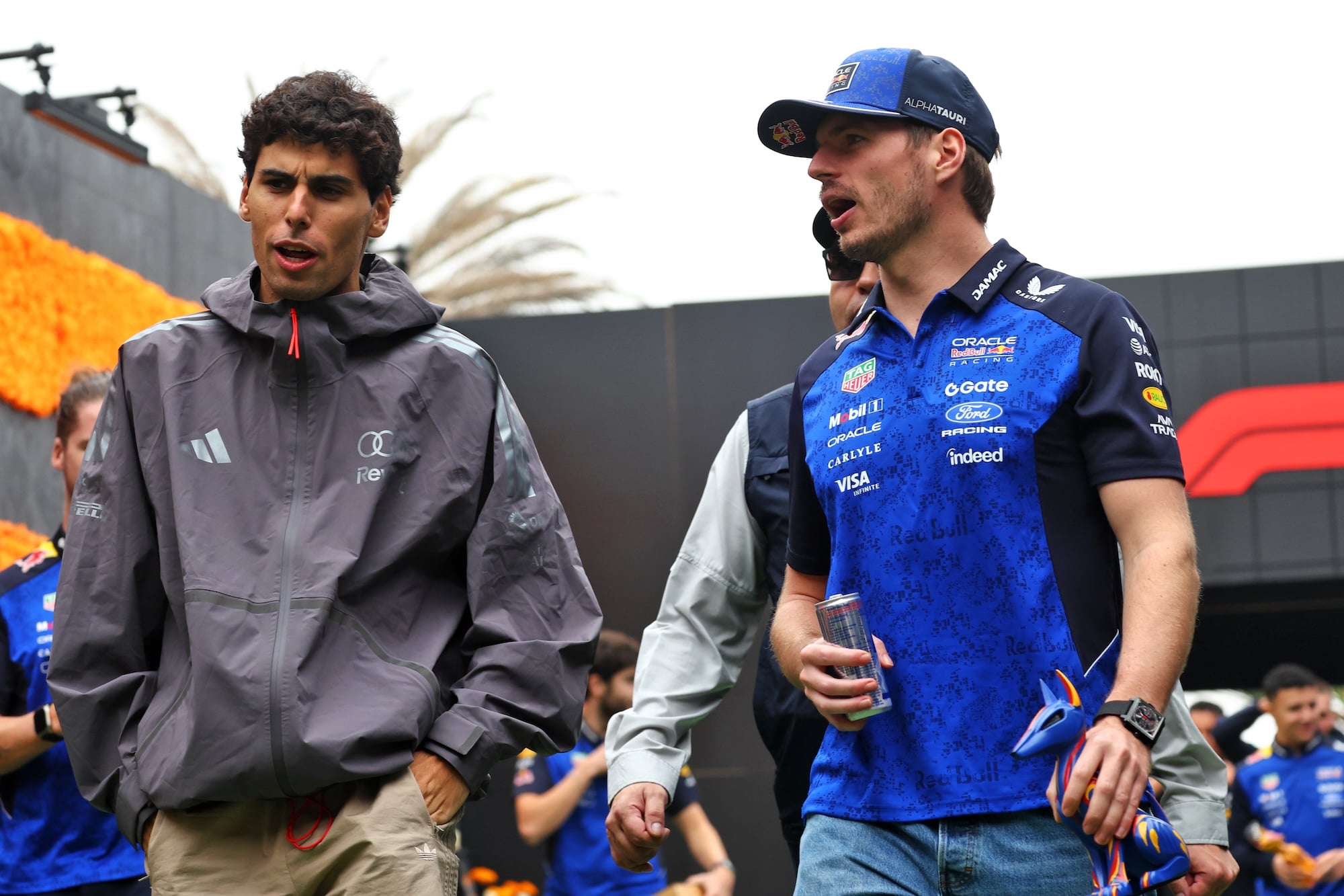 (L to R): Gabriel Bortoleto (BRA) Audi F1 Team with Max Verstappen (NLD) Red Bull Racing.