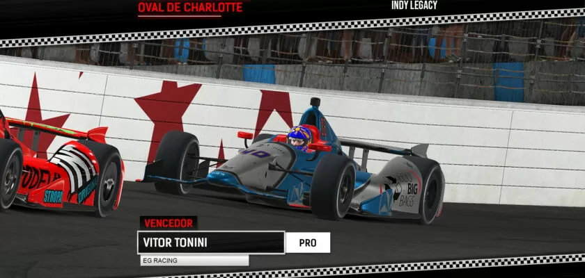 F1BC Indy Legacy: Vitor Tonini vence corrida eletrizante no oval de Charlotte, em dobradinha da EG Racing